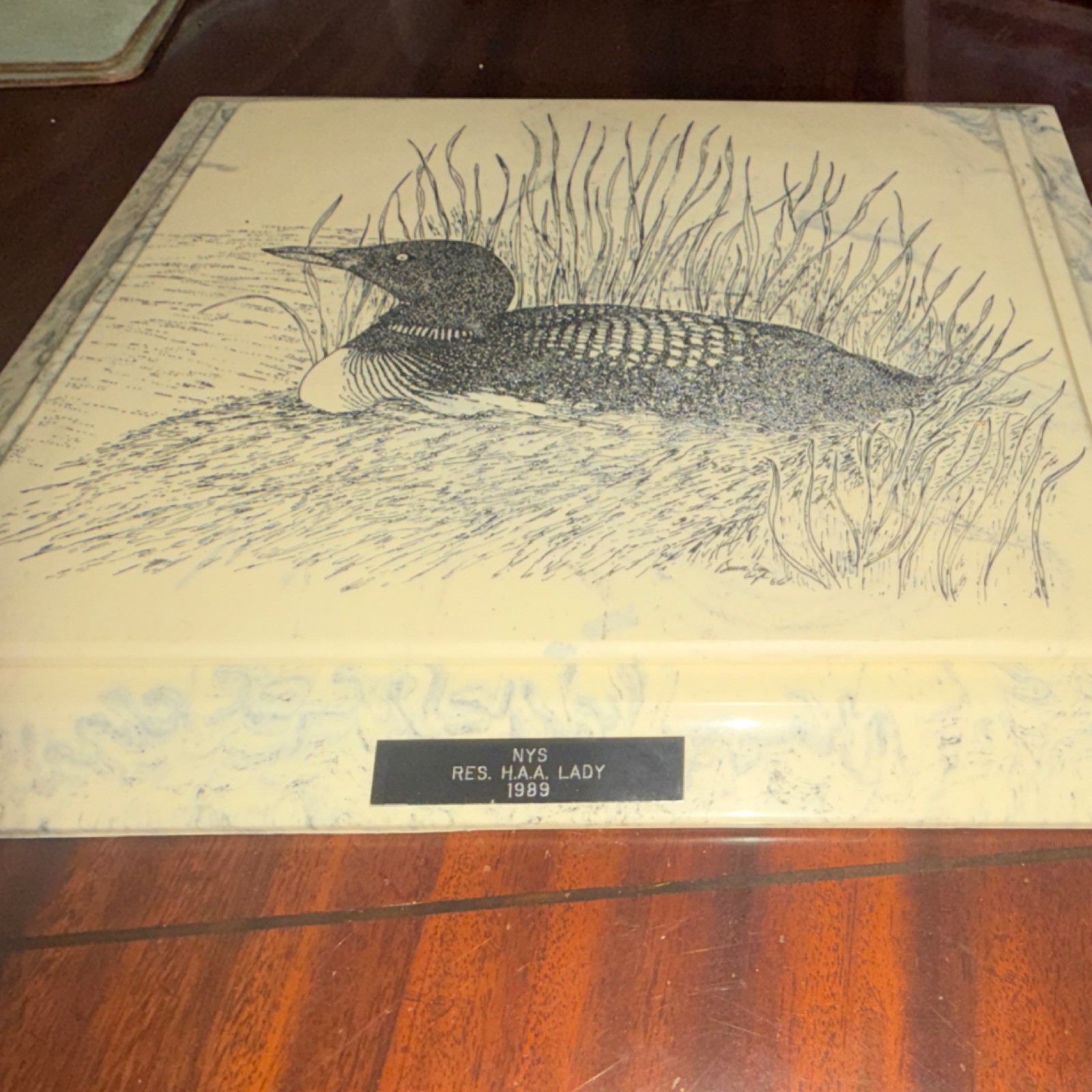 Vintage Loon Etched Drawing on Marble Signed 1986