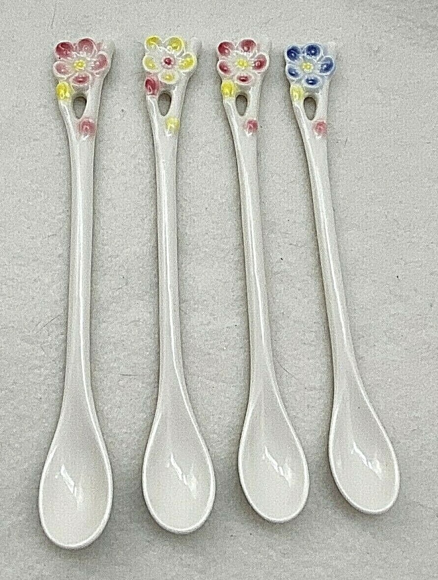 Shalon Bone China Ice Tea Spoons Flower Blossoms Set of 4