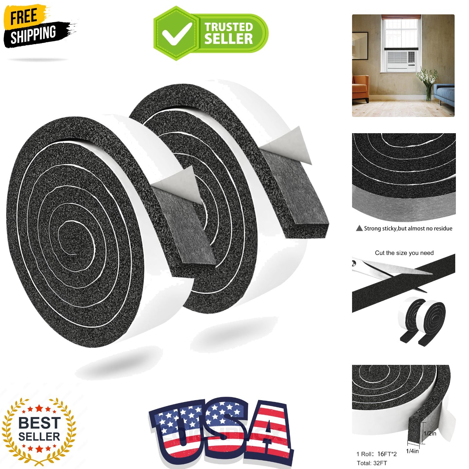2 Rolls 1/2 Inch W 1/4 T Weather Stripping Air Conditioner Open Cell Foam Sea...