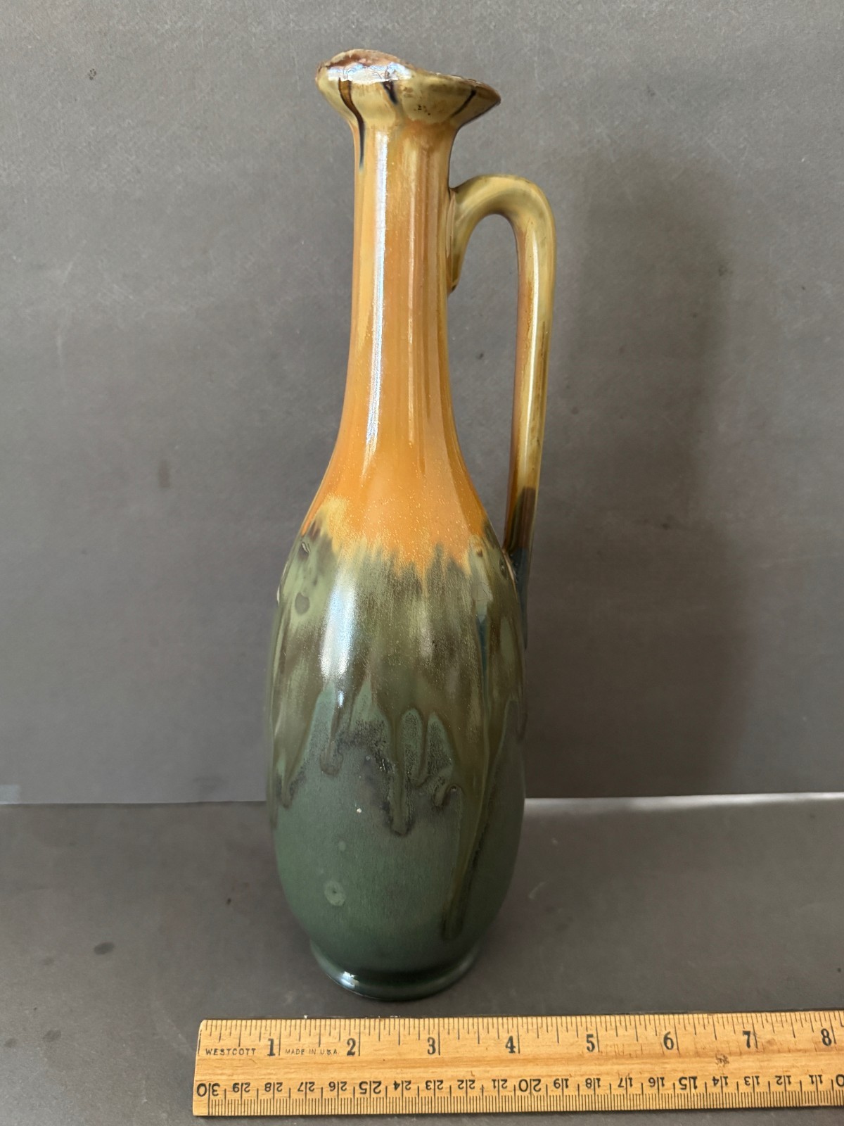 LABBE FRANCOIS GREEN YELLOW/GOLD DRIP GLAZE POTTERY DECANTER PITCHER VINTAGE