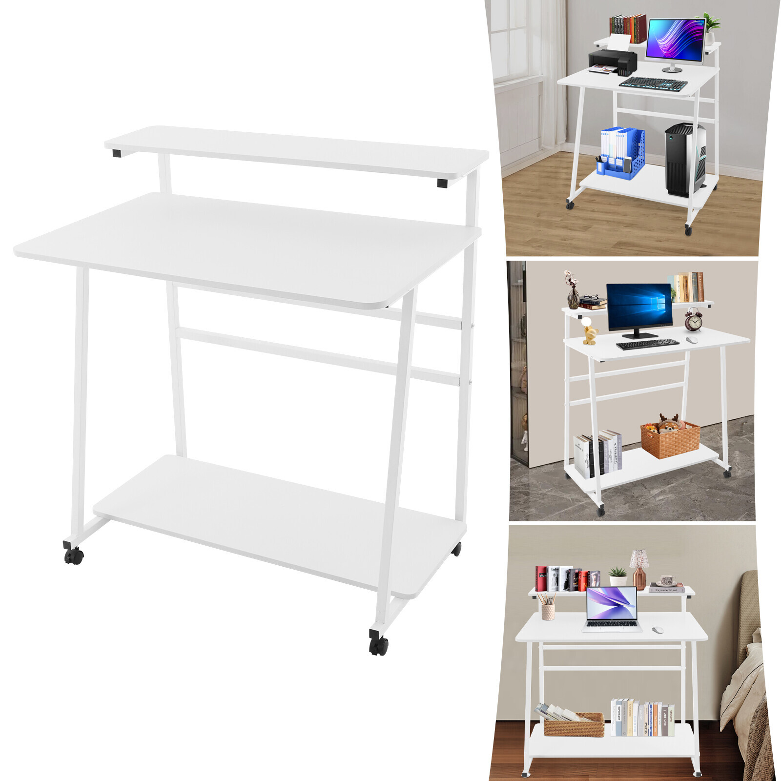 3-tier Rolling Computer Desk Mobile Desk Free Standing Home Office Table White