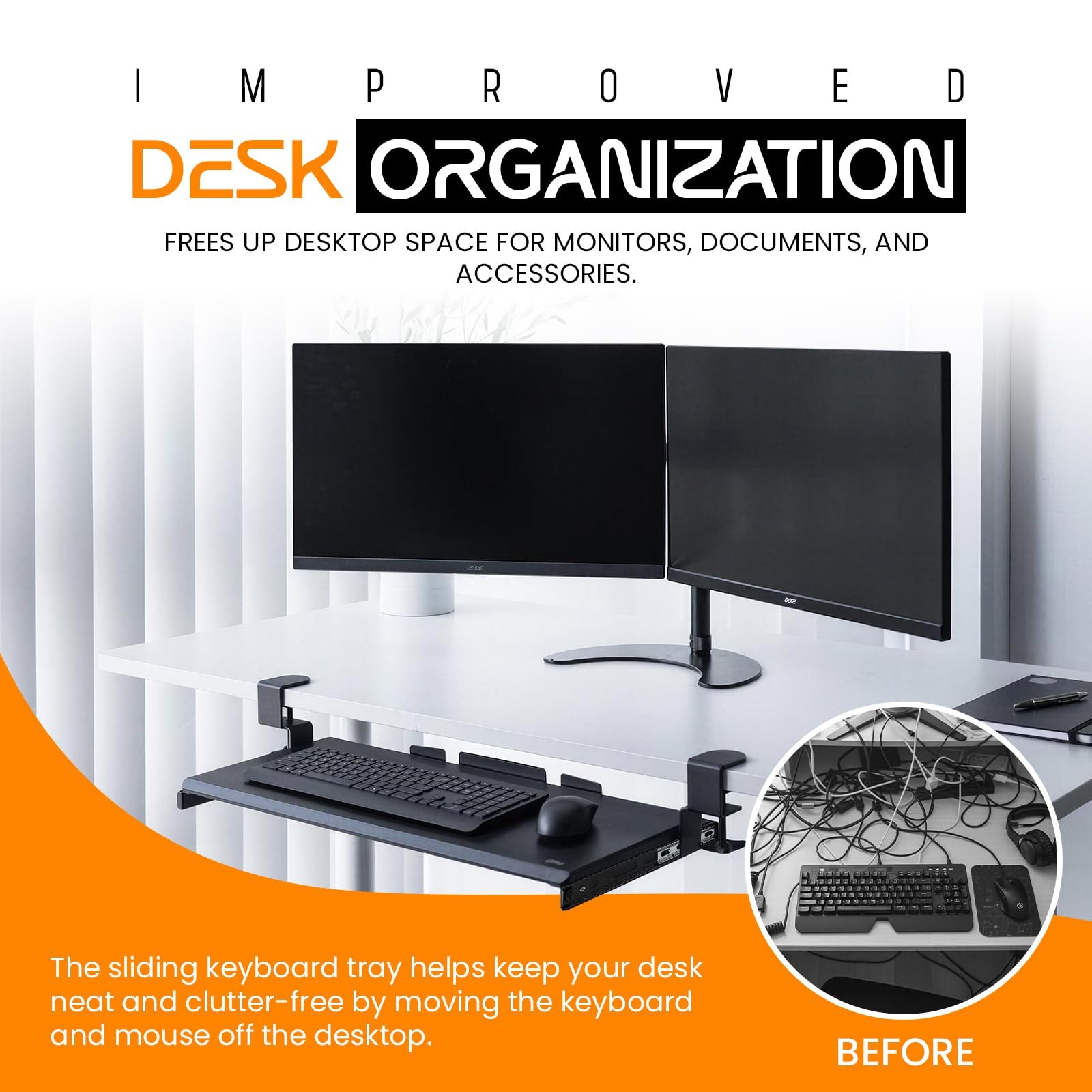 Keyboard Tray Under Desk Slide Out | MDF Board Platform with Iron Rail | Ergo...