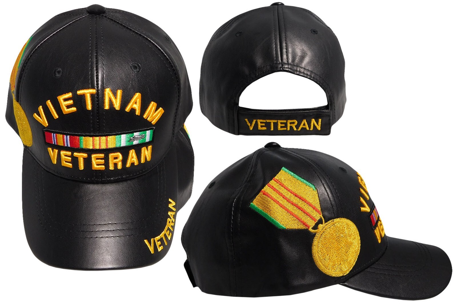 Vietnam Veteran With Medal On Side Black Adjustable Embroidered Cap Hat