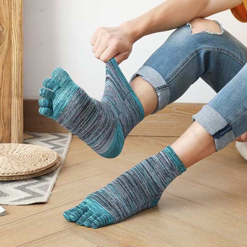 5Pack Men Crew Five Finger Toe Striped Design Solid Sport Calf Cotton Work Socks