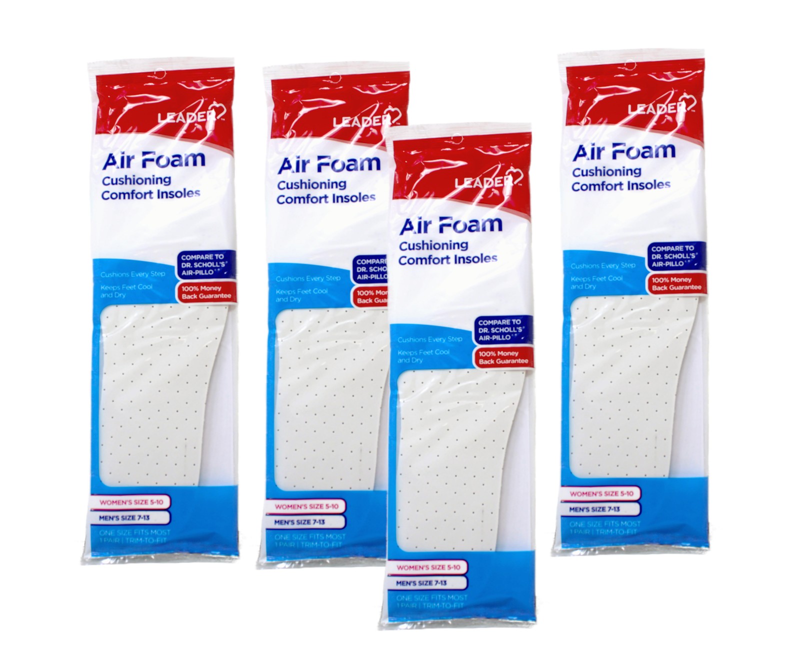 4 Pack - Leader Double Air Foam Insoles Extra Thick Cool & Dry Cushions, 1 Pair