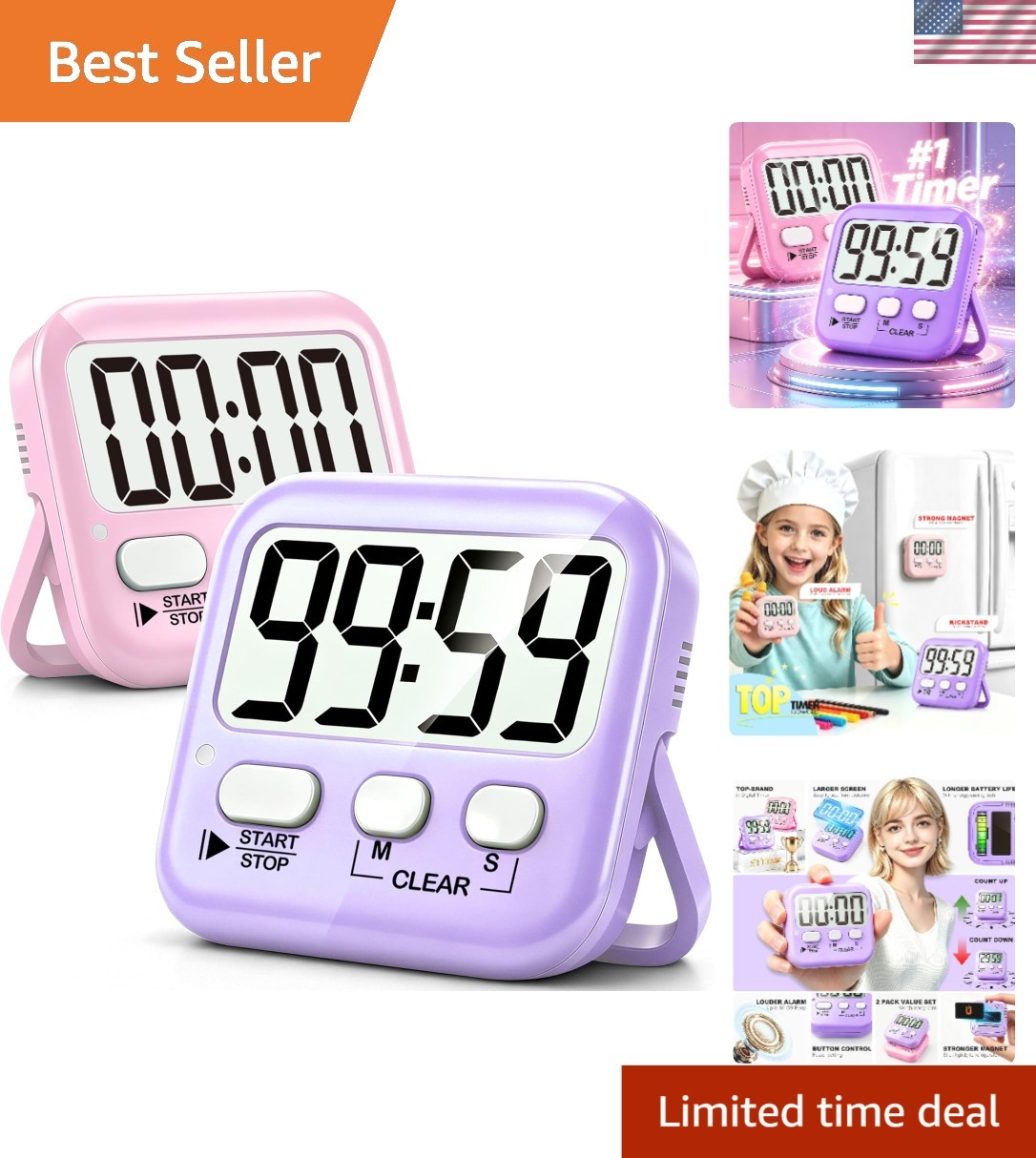 Loud & Silent Mode Digital Timers - 2 Pack Essential for Classrooms & Kitchen