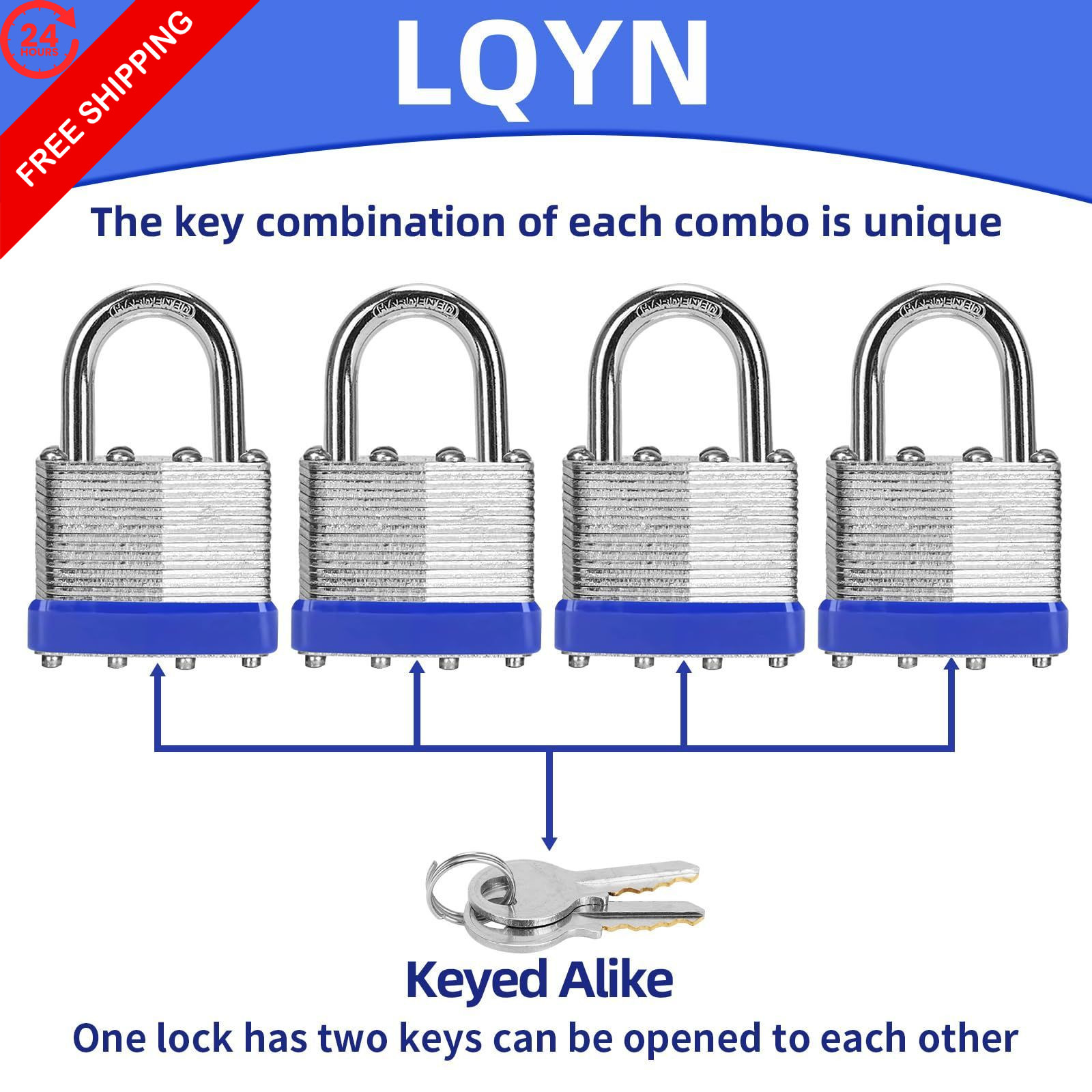 Padlocks with Same Key, LQYN 6 Pcs 6 Pack Blue, 6Pcs Keyed Alike-Blue