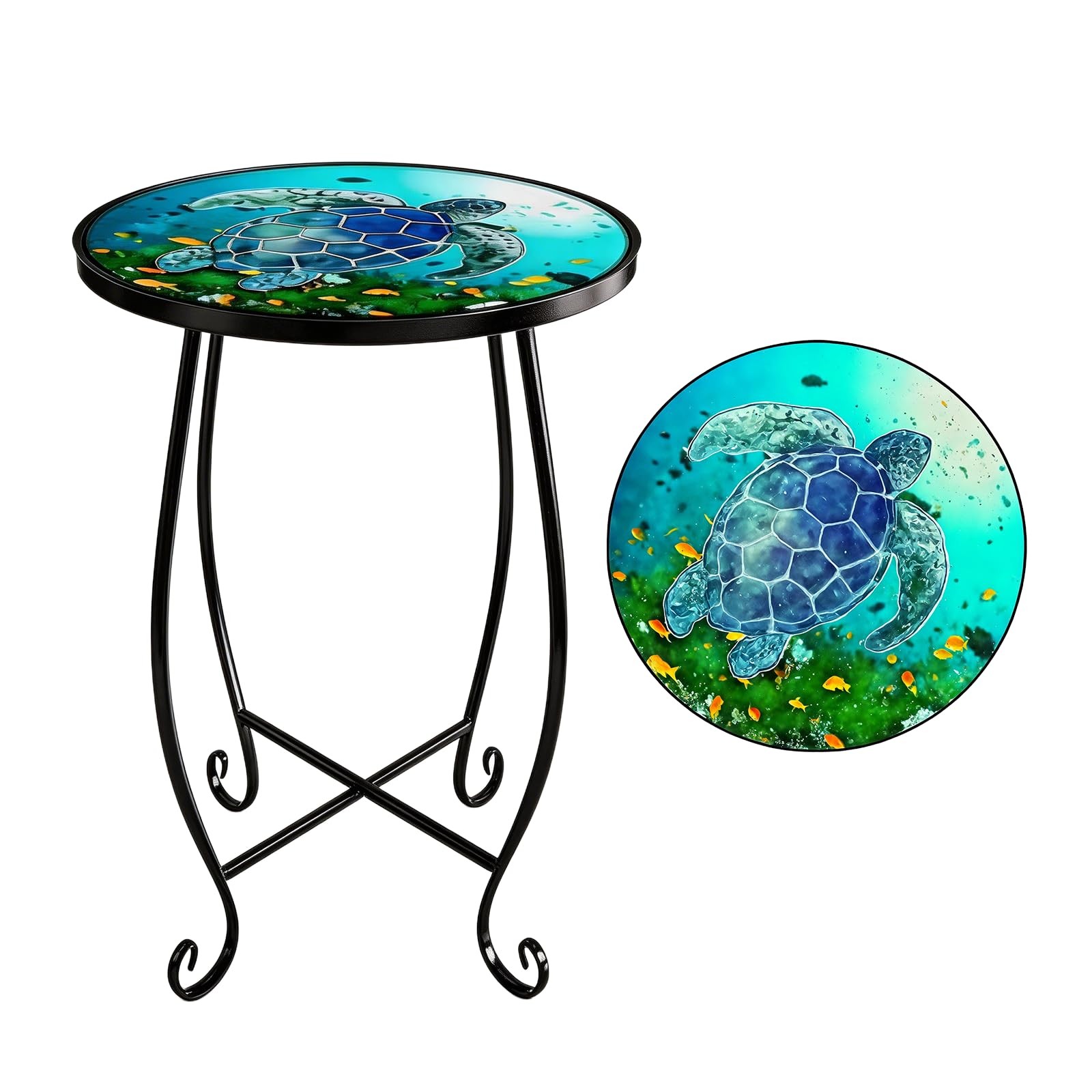 15 Inch Tall Outdoor Patio Table, Foldable Metal Turtle Table with Mosaic Des...