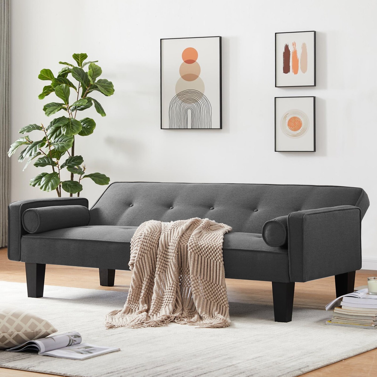Convertible Futon Sofa Bed,Gray Upholstered Futon Couch Fabric Sleeper Sofa