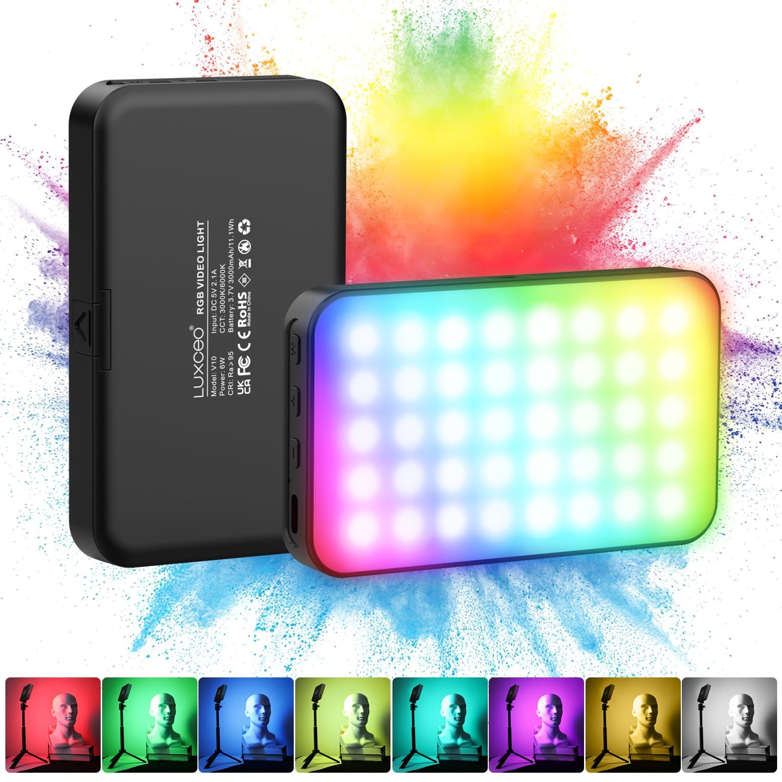 RGB Video Light, Portable LED Light Panel, Dimmable 3000K-6000K CRI95+ Color ...