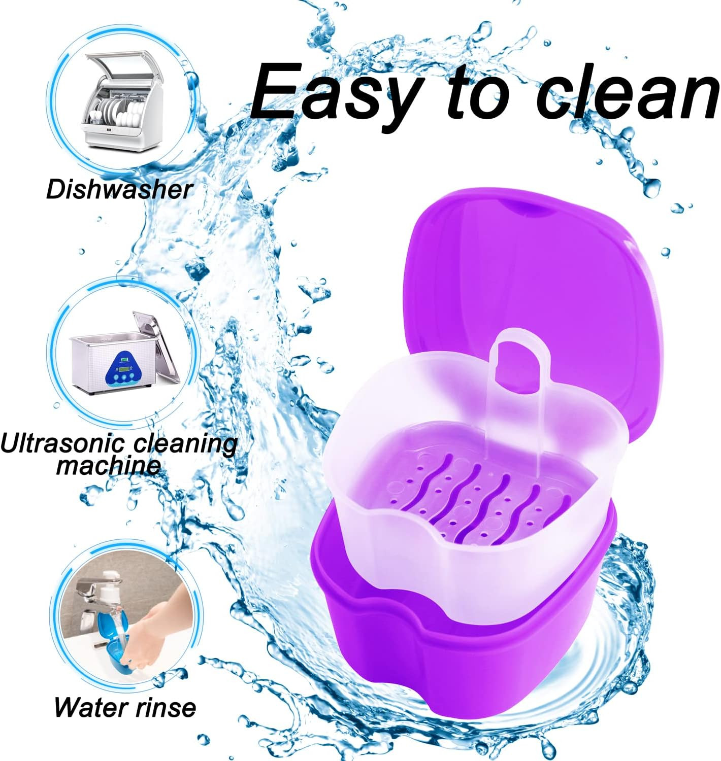 Colorful Denture Bath Case with Brush, Denture Cup Soaking Holder False Teeth Co