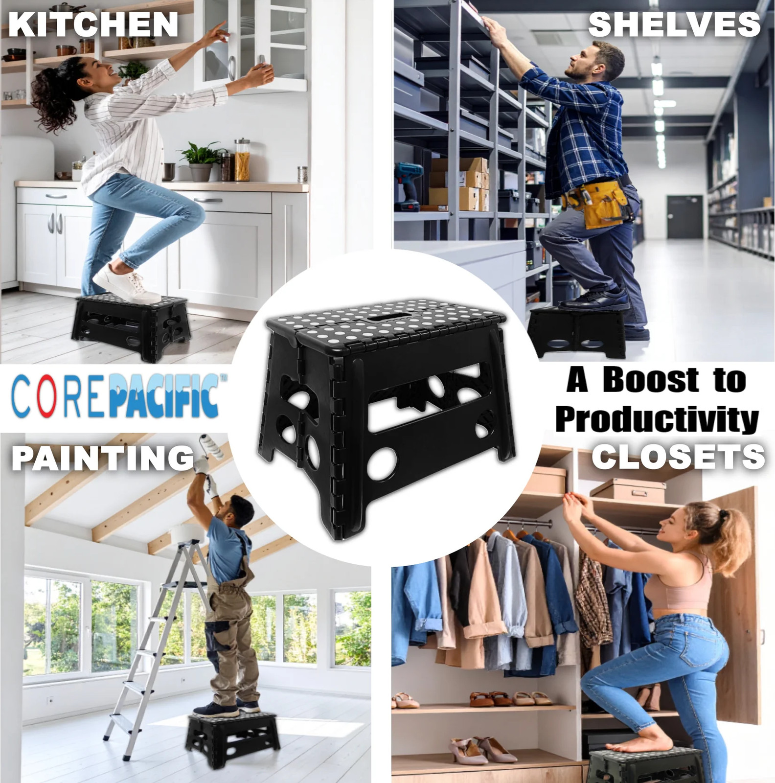 Extra Wide Folding Step Stool Black 12.7 Inch with Non-Slip Surfac