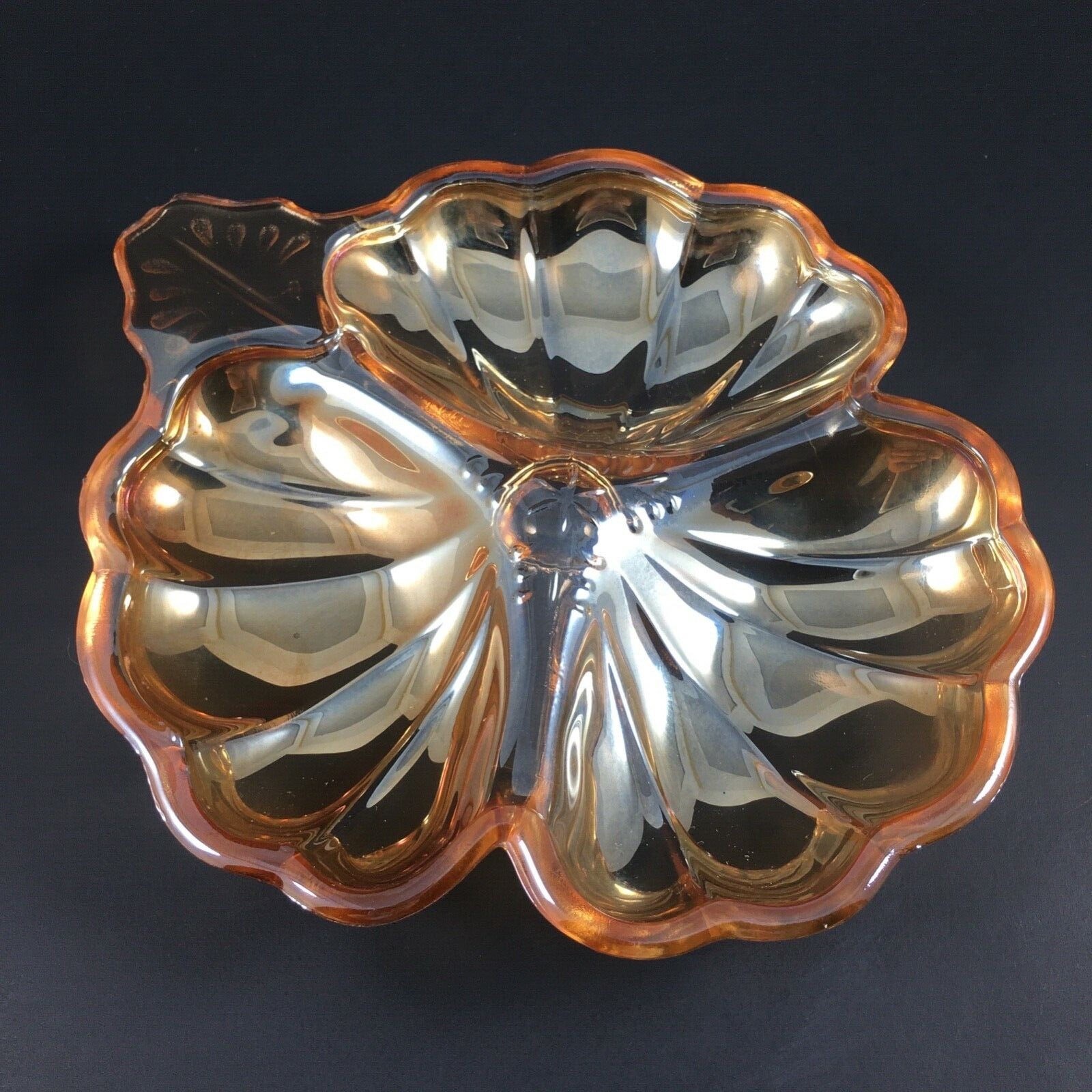 Vintage Amber Carnival Glass Divided Triple Candy Dish 7" x 6"