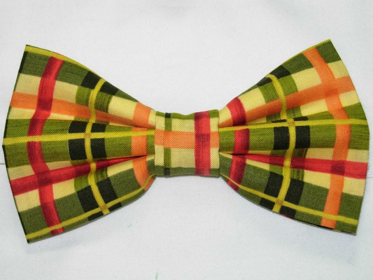 Fall Bow tie, Autumn Plaid, Red, Green, Gold & Light Yellow, Pre-tied Bow tie