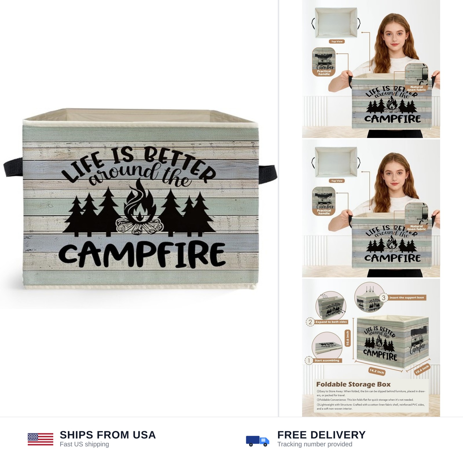 Rustic Camping Storage Box Bins, Life Is Better Around the Campfire Collapsib...