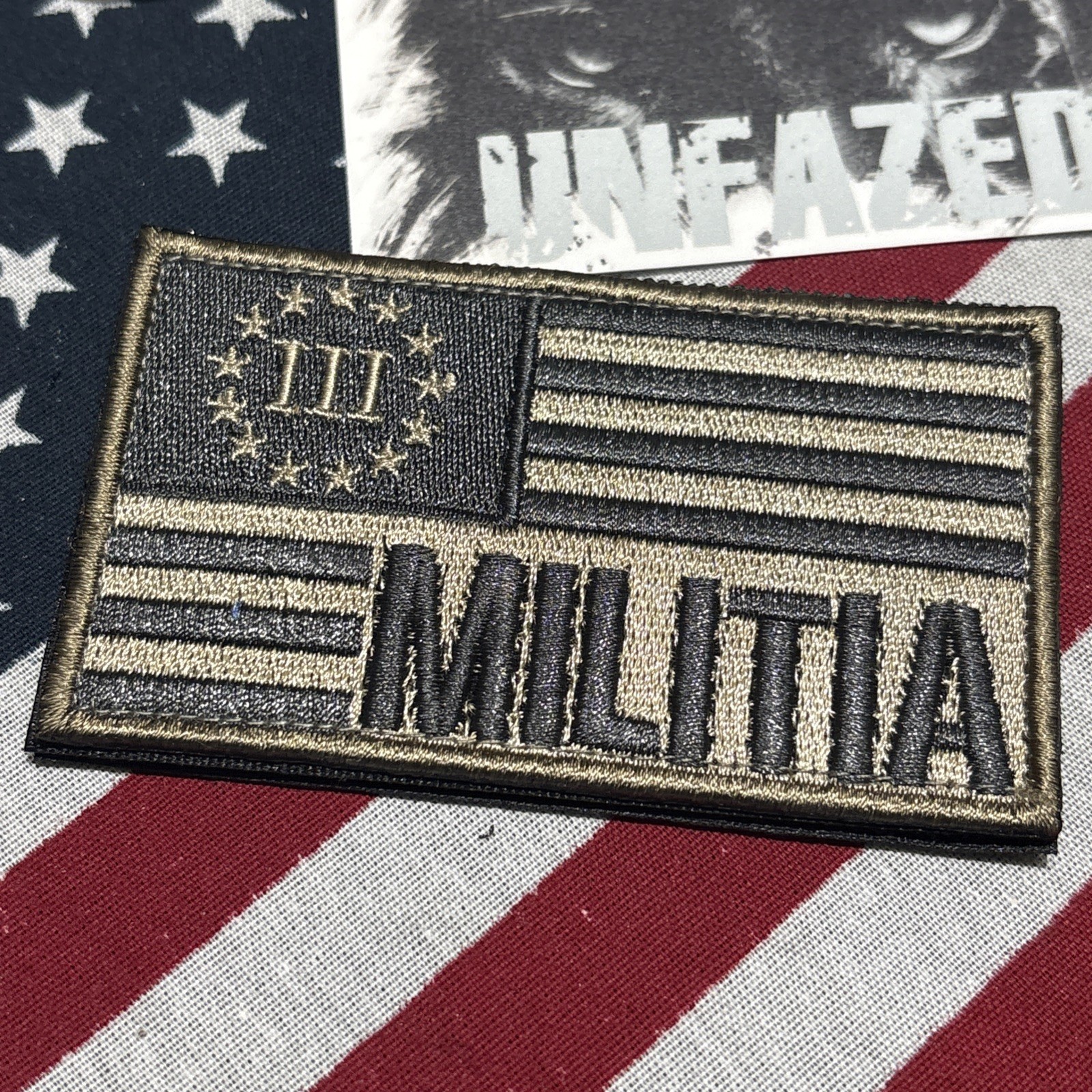 USA Flag Militia Charcoal And Tan 3.5x2” Hook & loop High Quality Embroidery