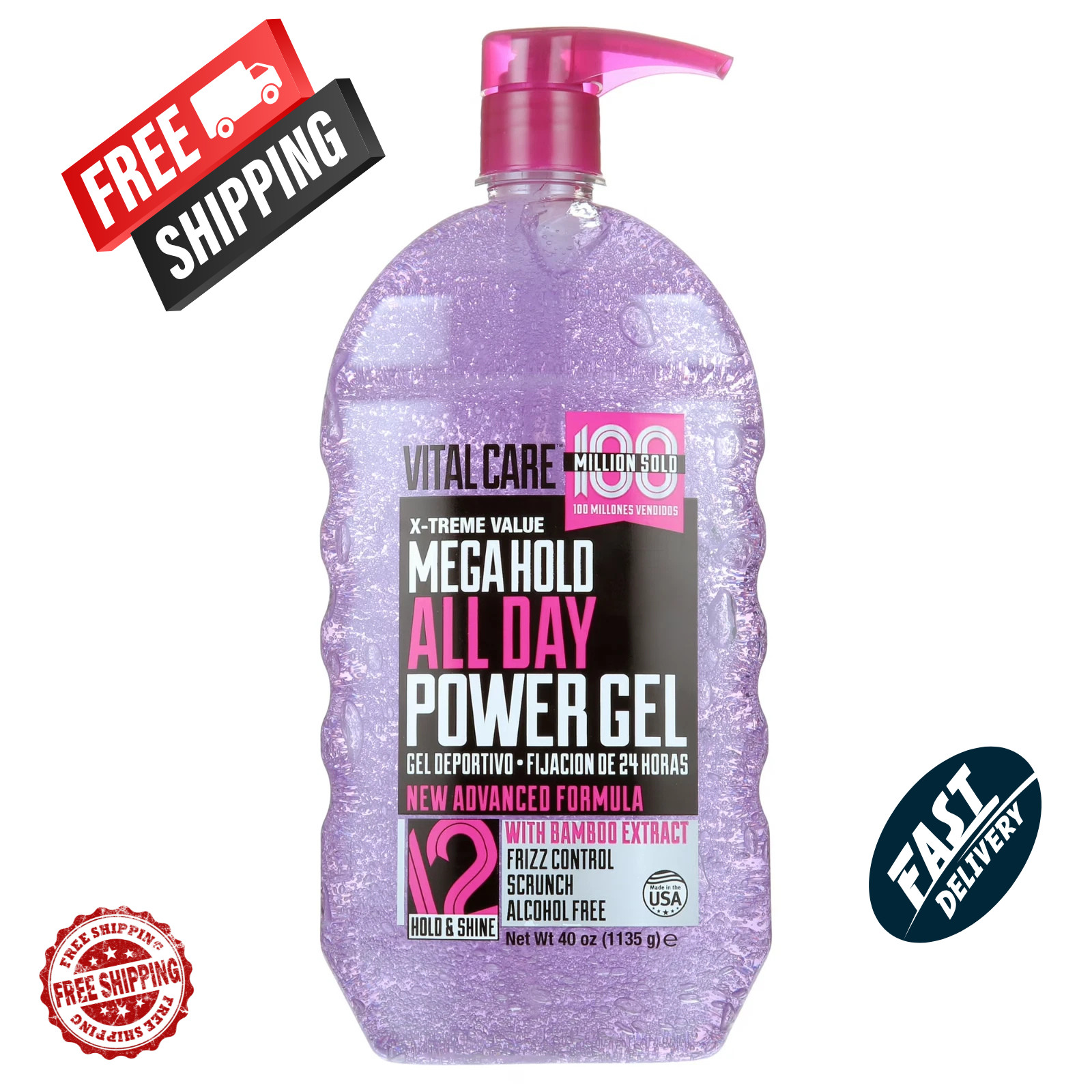 Vitalcare Mega Hold All Day Power Hair Gel, 40oz Alcohol-free Frizz control