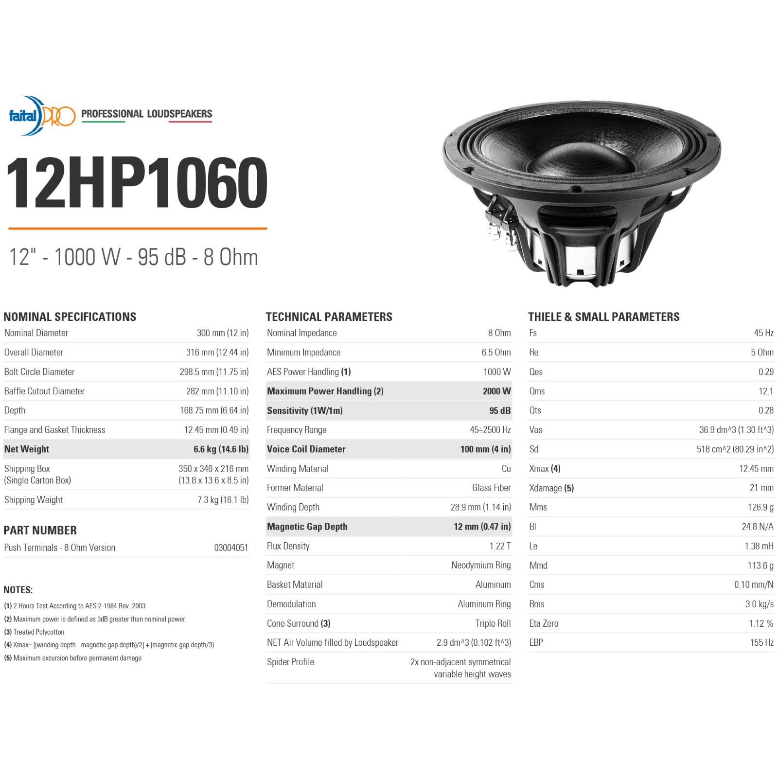 Faital Pro 12" Aluminum Mid Bass Woofer, 1000W 8Ω PA/DJ Replacement 12HP1060