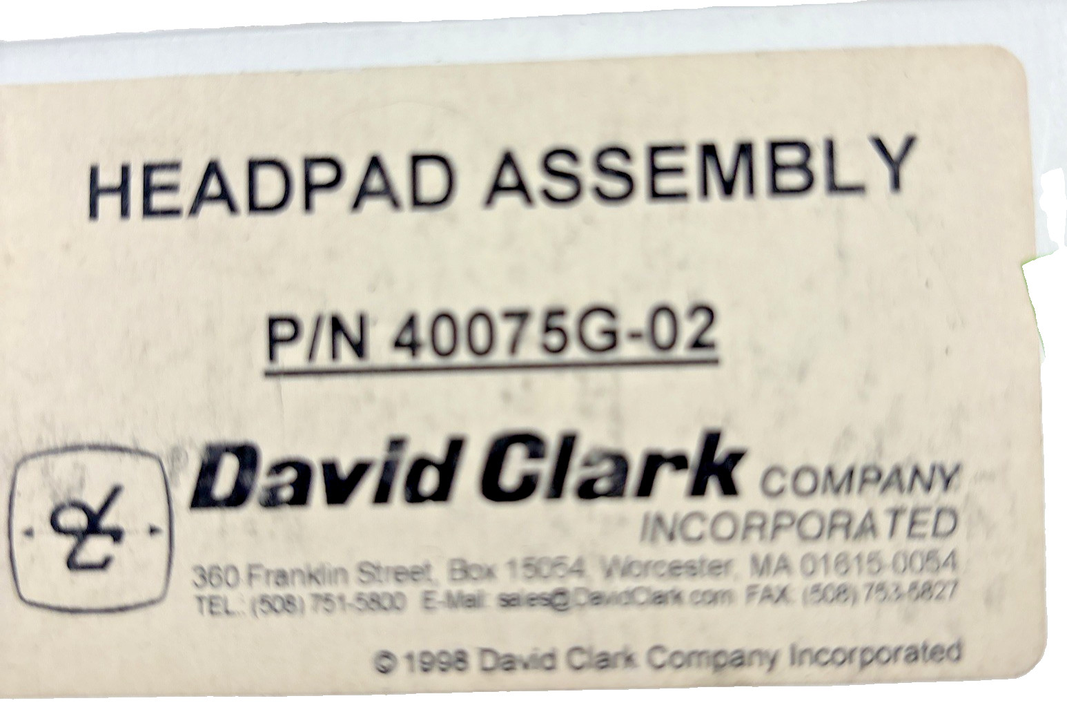 David Clark head pad assembly PN40075G-02 new