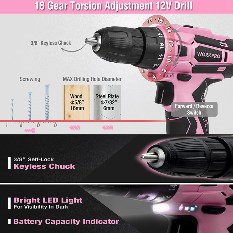 WORKPRO 12V Cordless Drill Driver Set 3/8" Keyless Chuck Screwdriver Driver Pink