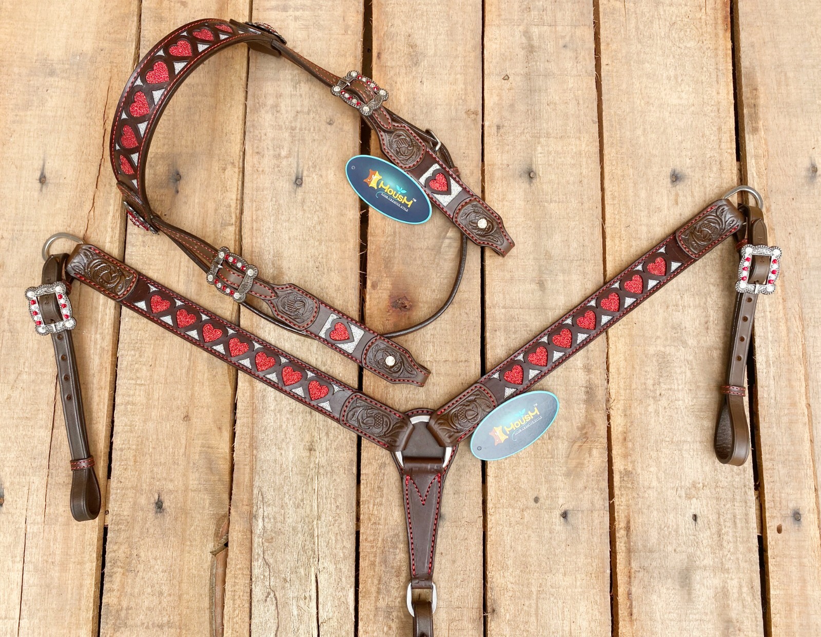 Western Leather Headstall and Breast Collar Set for Horse with Red Heart Shapes