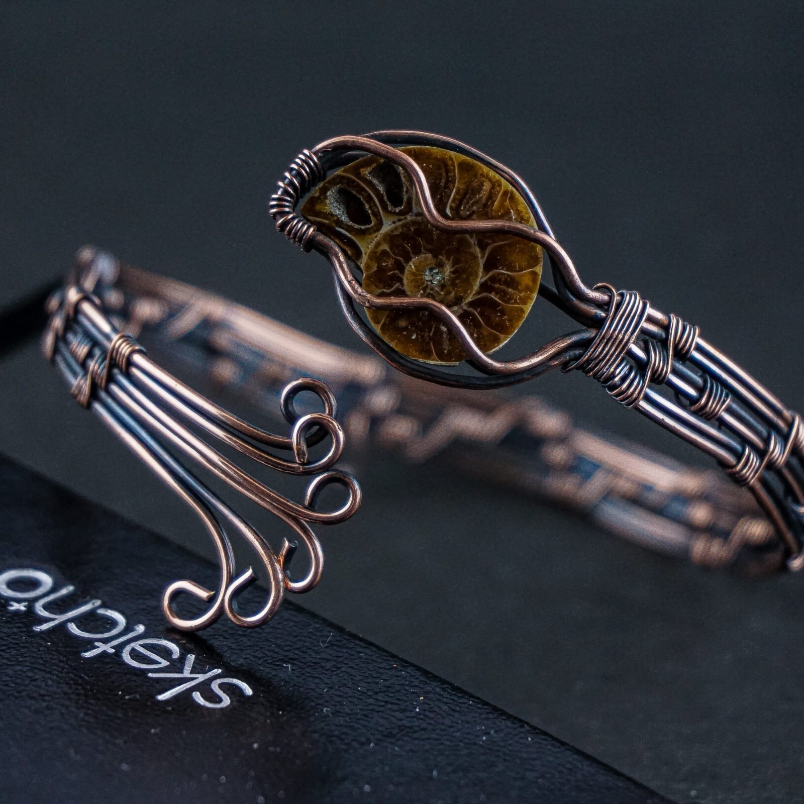 Ammonite Fossil Copper Wire Wrapped Cuff Bracelet Handmade Boho Artisan Bangle