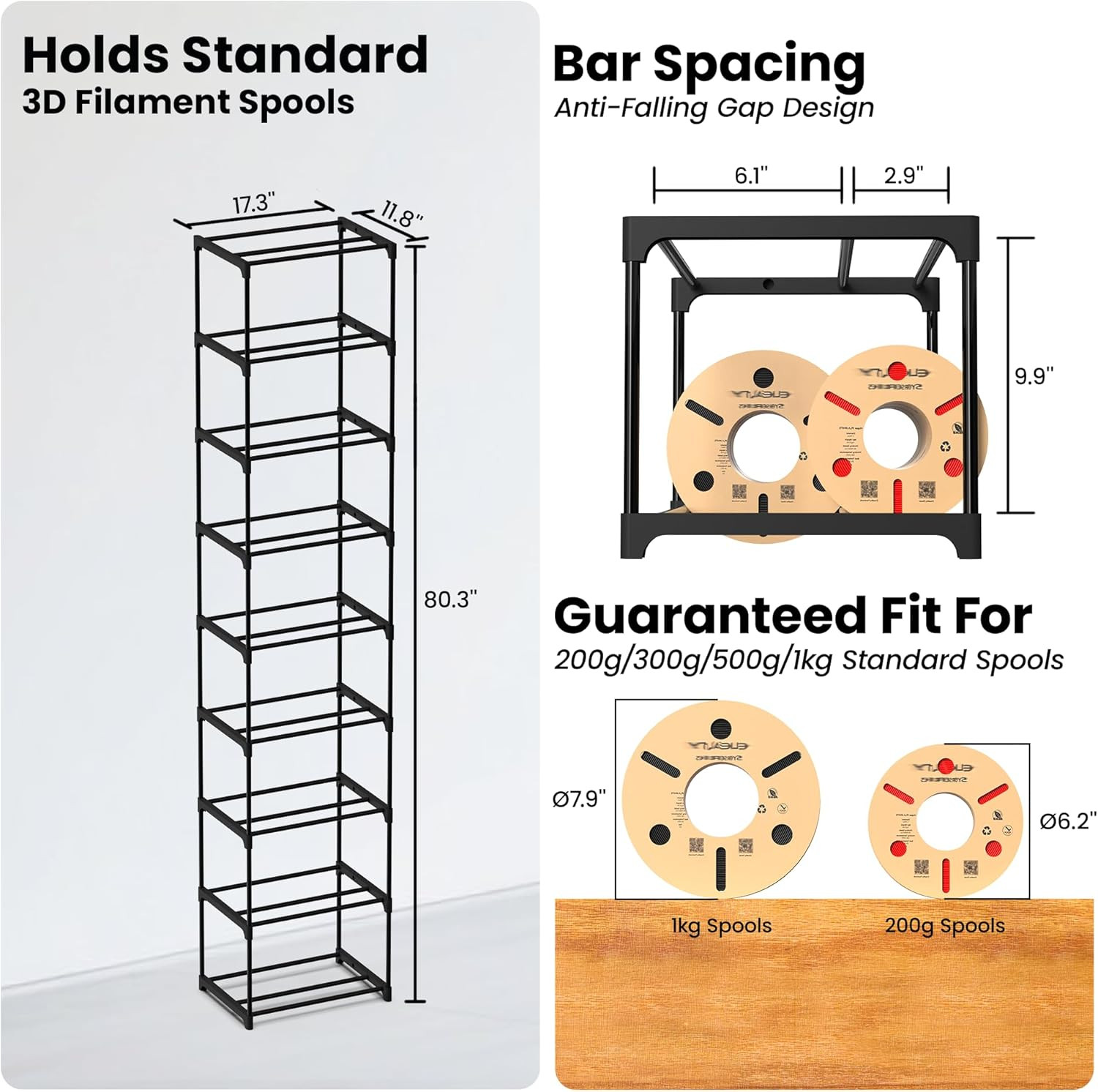 9-Tier 3D Printer Filament Storage Rack Heavy Duty Metal Spool Holder Holds 54