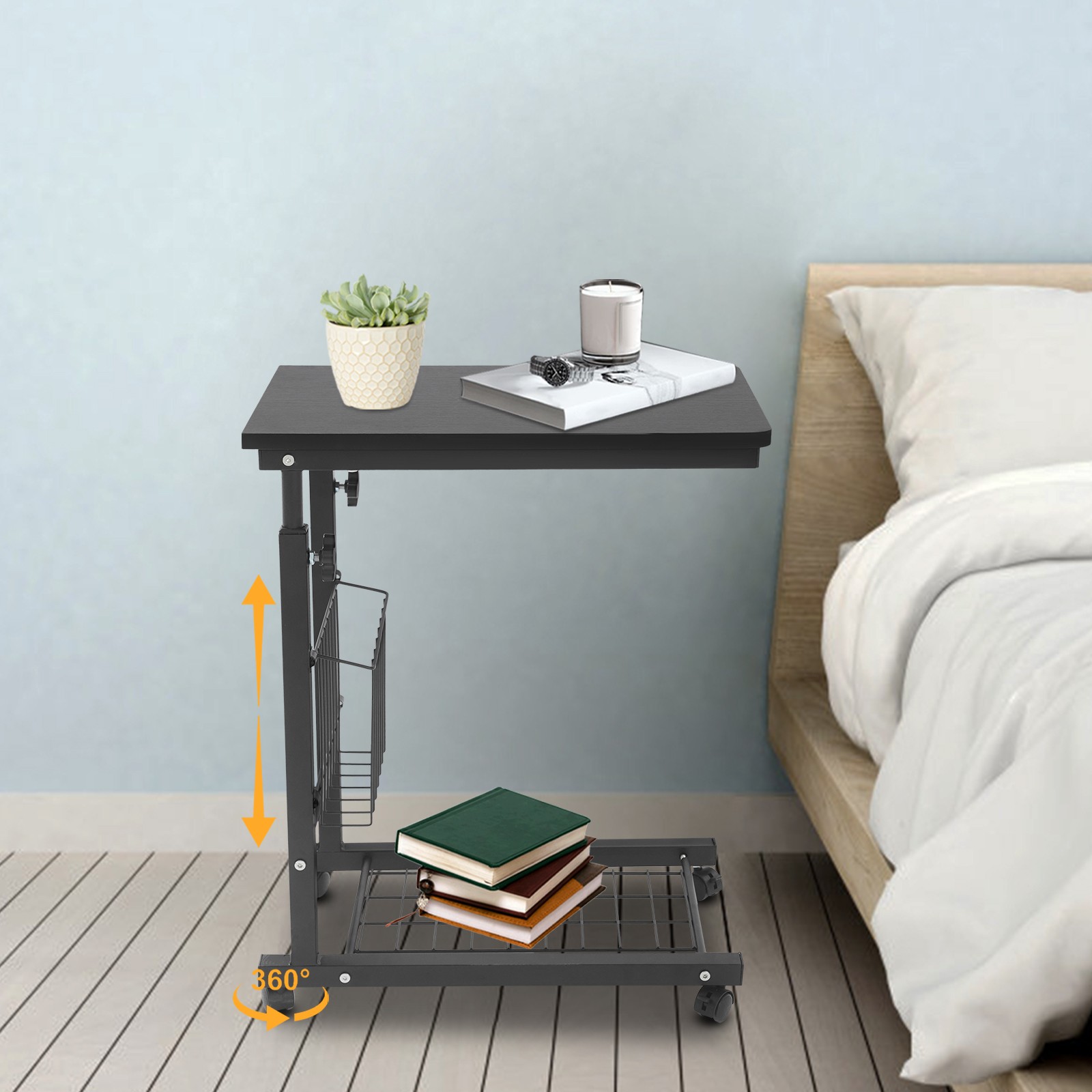 2 Tiers Adjustable Bed Side Table Black Indoor Mobile Standalone Table w/ Wheels