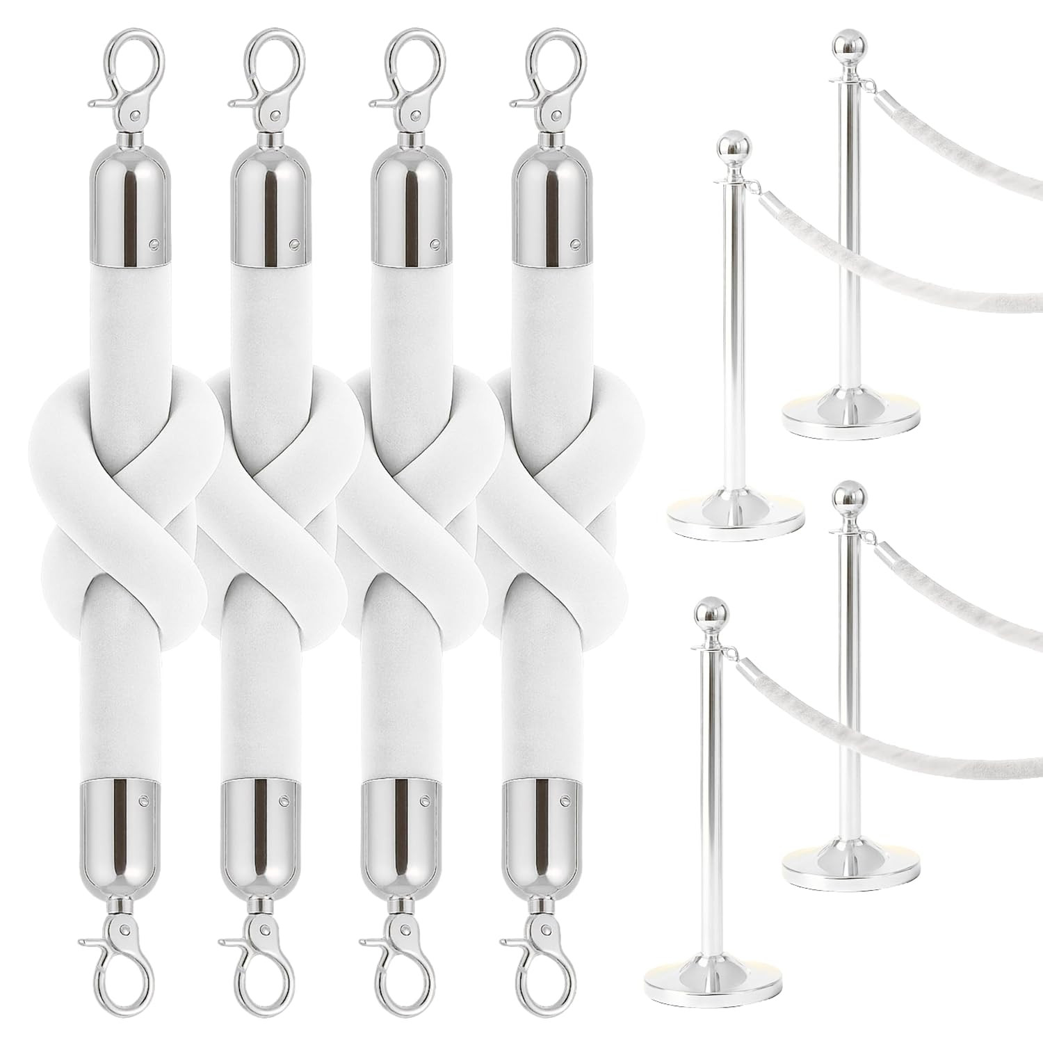 4PCS White Velvet Rope 5FT – Soft Velvet Ropes with Silver Snap Ends Stanchion S