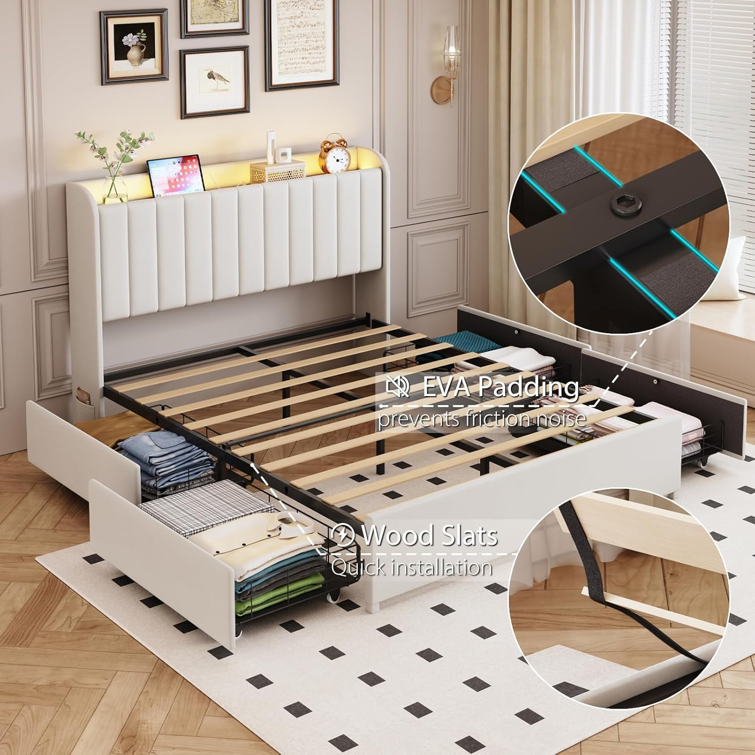 Full Bed Frame with 4 Drawers and Storage Headboard, Upholstered Platform Bed Fr