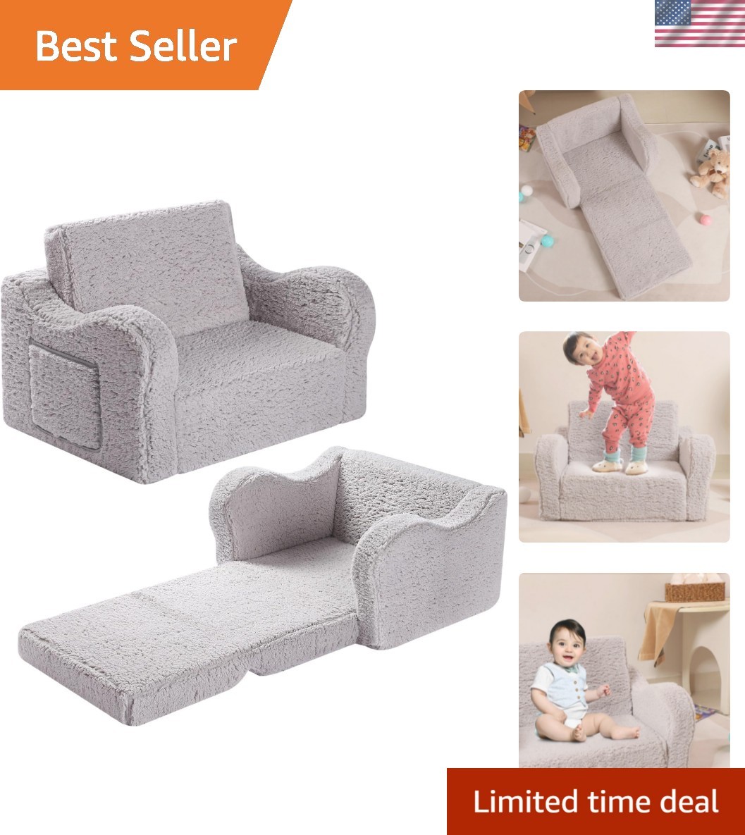 Kids Sofa, 2-in-1 Flip-Out Foam Couch with Soft Sherpa Cover, Cozy Play Loung...