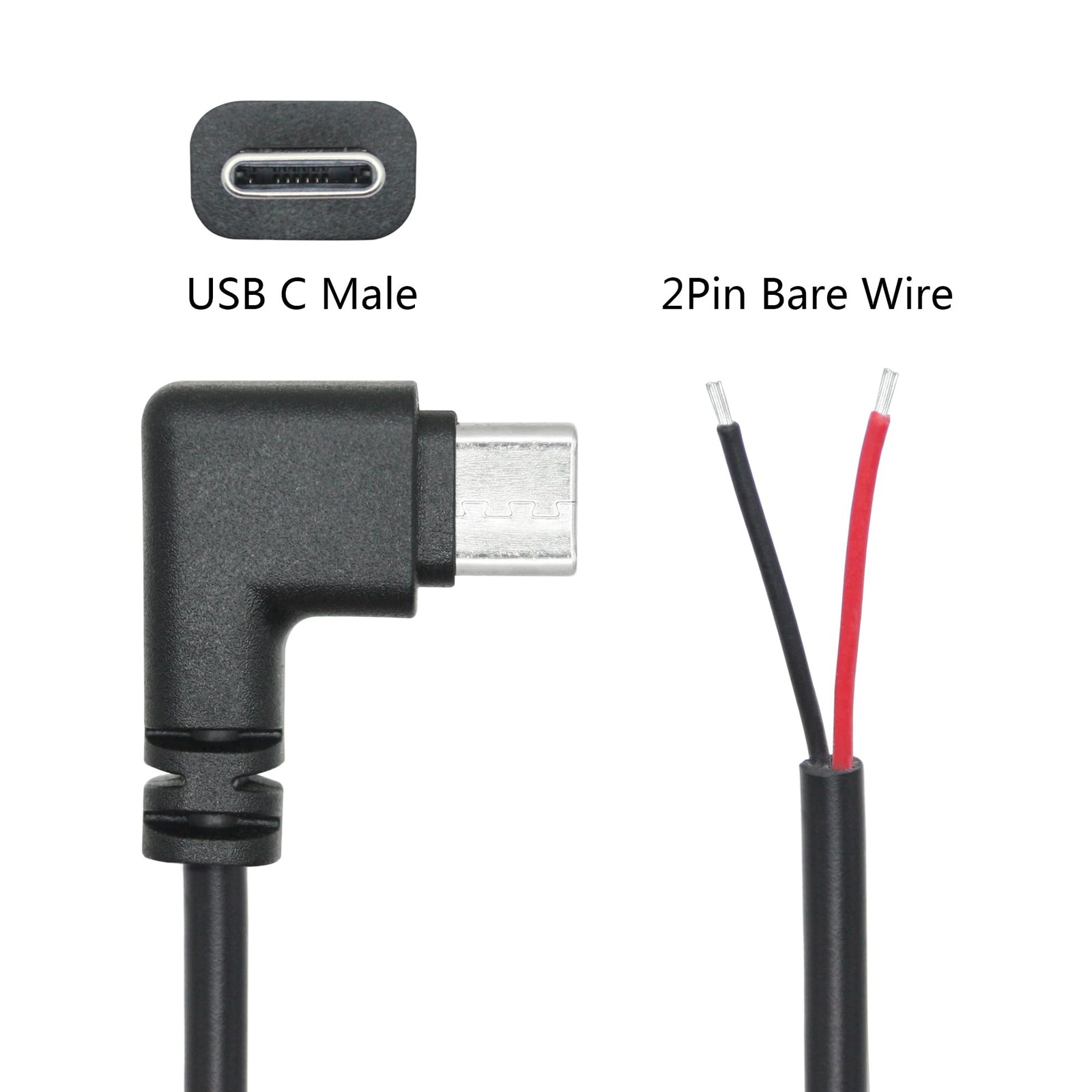 2 PCS 2M/6FT Right Angle USB C 2 Pin Bare Wire Open End 90 Degree 22AWG 5V/3A