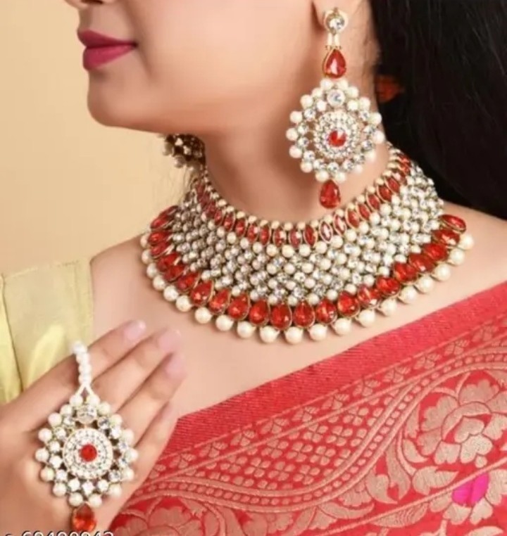 Red Kundan Pearl Bridal Necklace Jwellery With Earings And Mangteeka