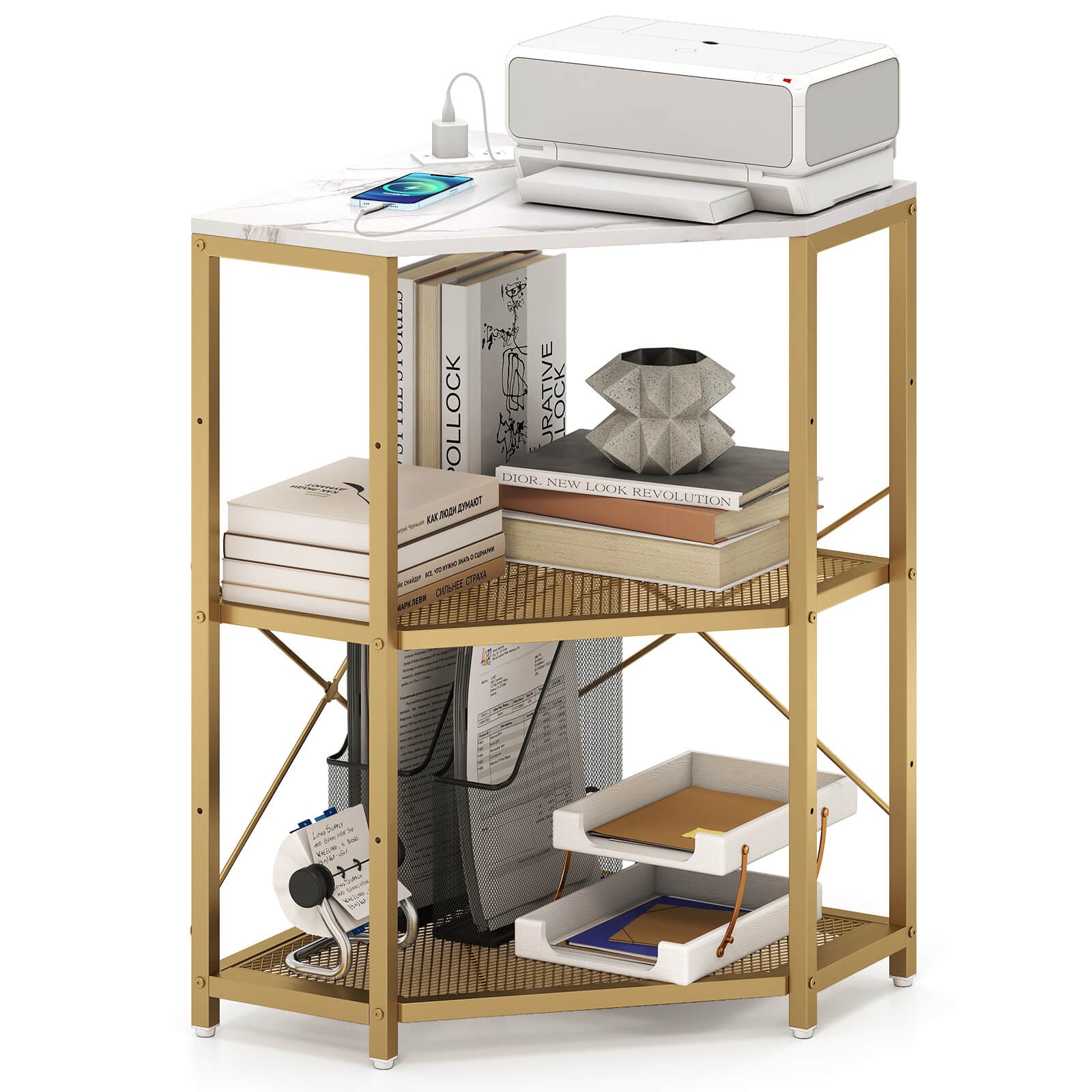 Corner Printer Stand w/ Charging Station Adjustable Metal Mesh Shelf