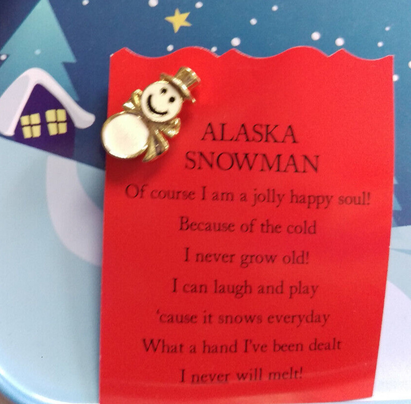 Alaska Snowman Pin on card Goldtone pin with OSC on back with card as shown 3/4"