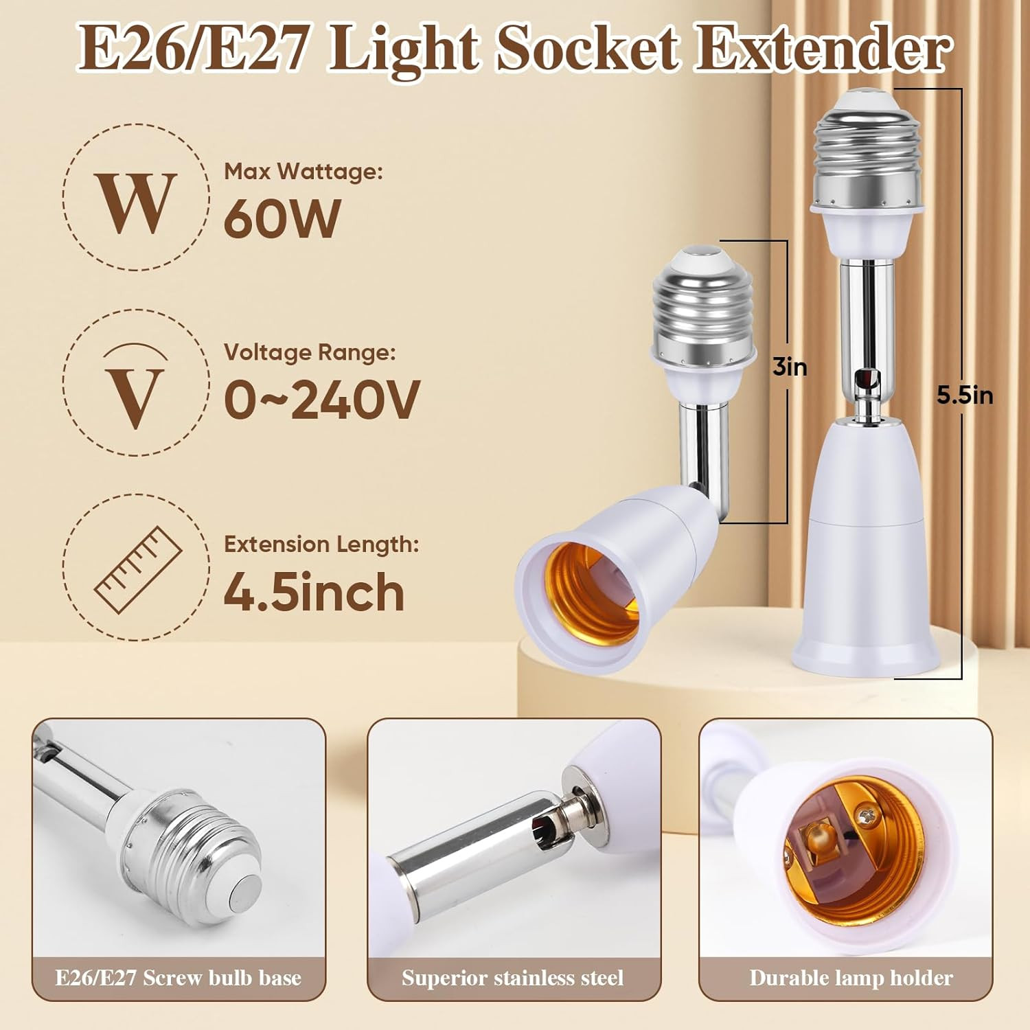 3 Pack Light Socket Extender, E26/E27 4.5 Inch Light Socket Extension, Vertical