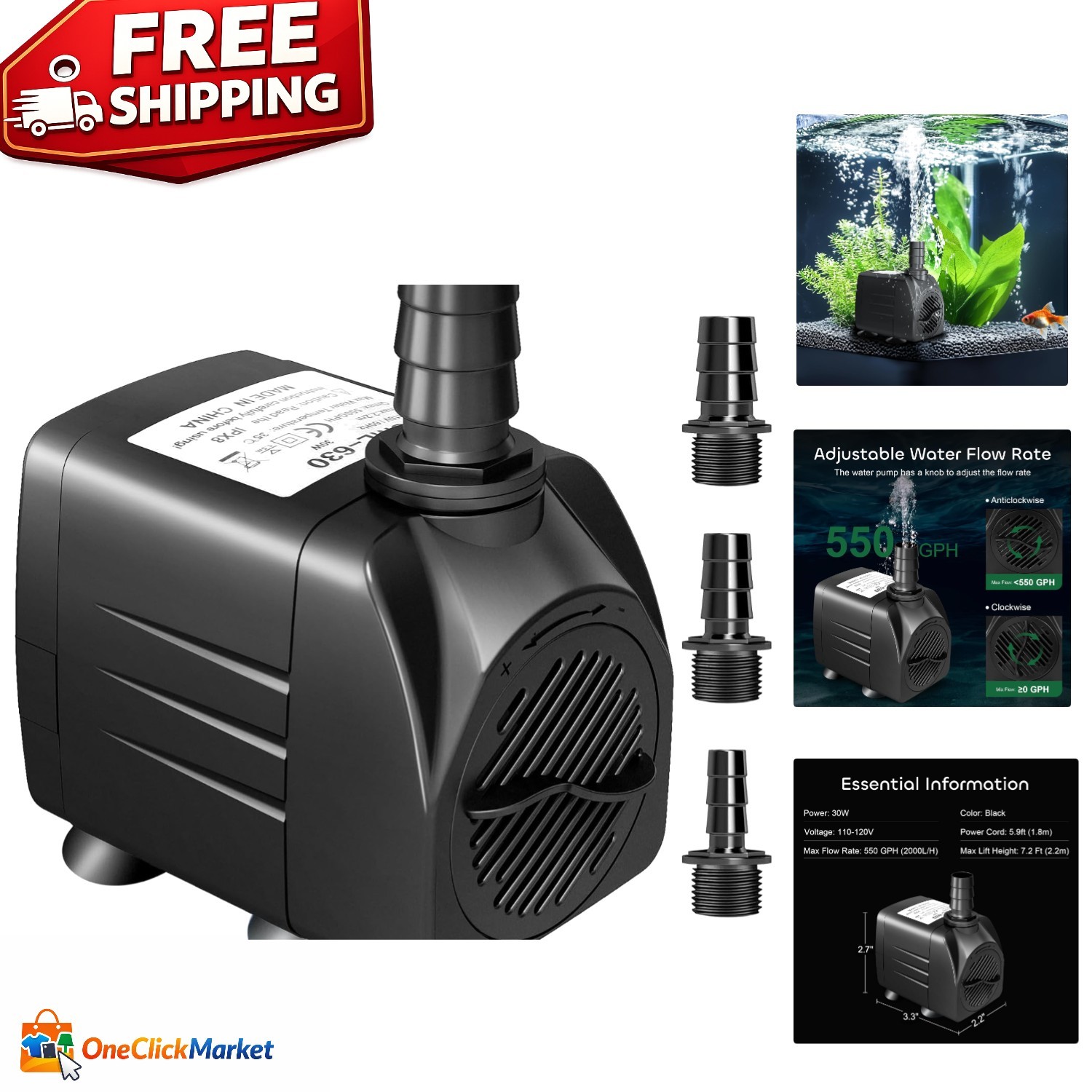 Compact Black 550 GPH Water Pump with Flow Control for Aquariums and Fountains
