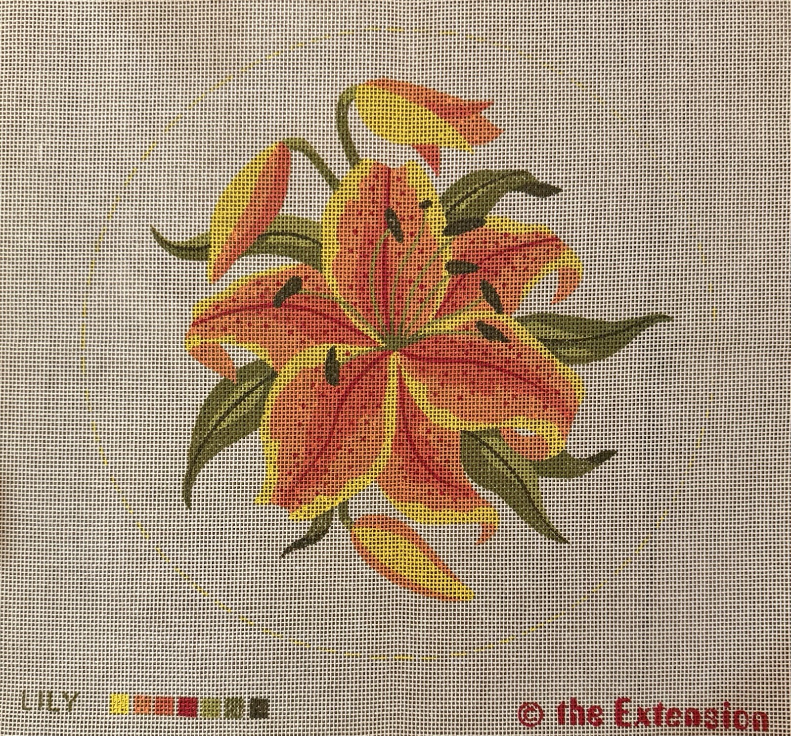 Handpainted Needlepoint 13" Circle canvas By The Extension Orange Lilly Flower