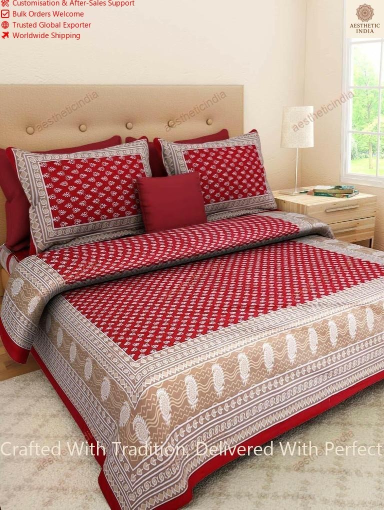 Indian Floral Printed 3 Kaam Buti Red Double Bed Sheet With Two Pillow Cover