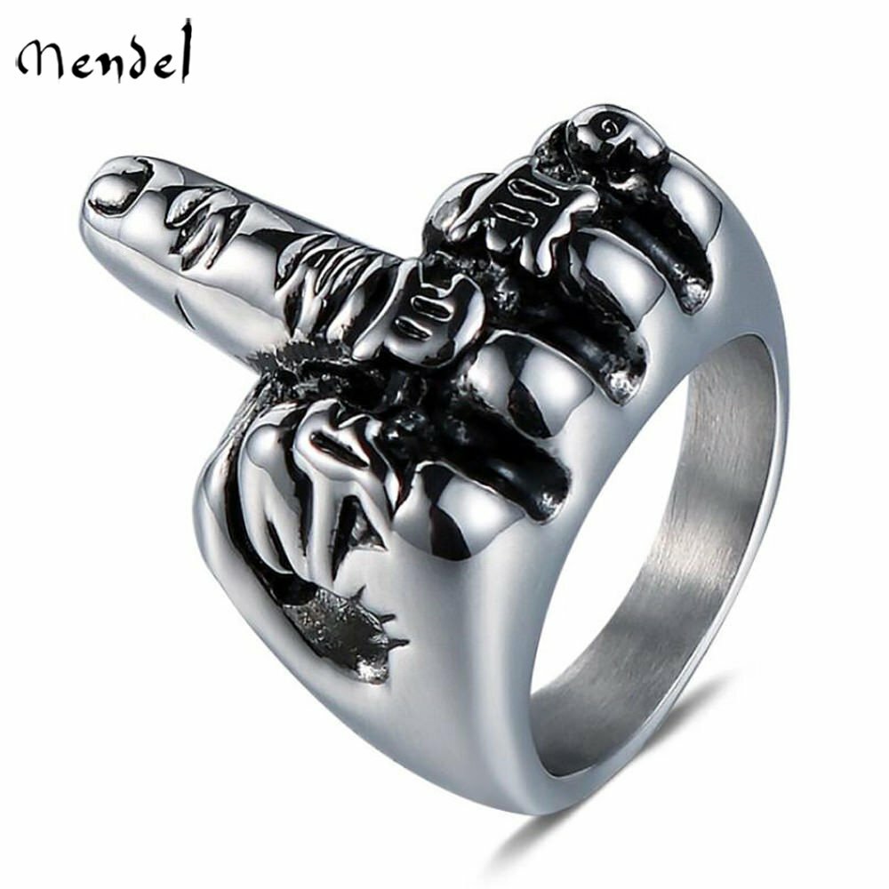 MENDEL Mens Biker Punk Middle Finger Up Ring Stainless Steel Fist Band Size 7-15