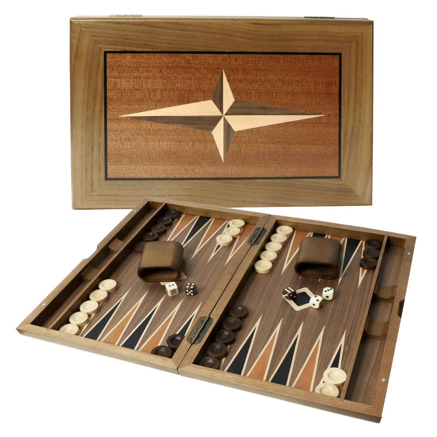 Classic 17" Large Wood Backgammon Board Game Set. Inlay Star Board w/Game Pieces