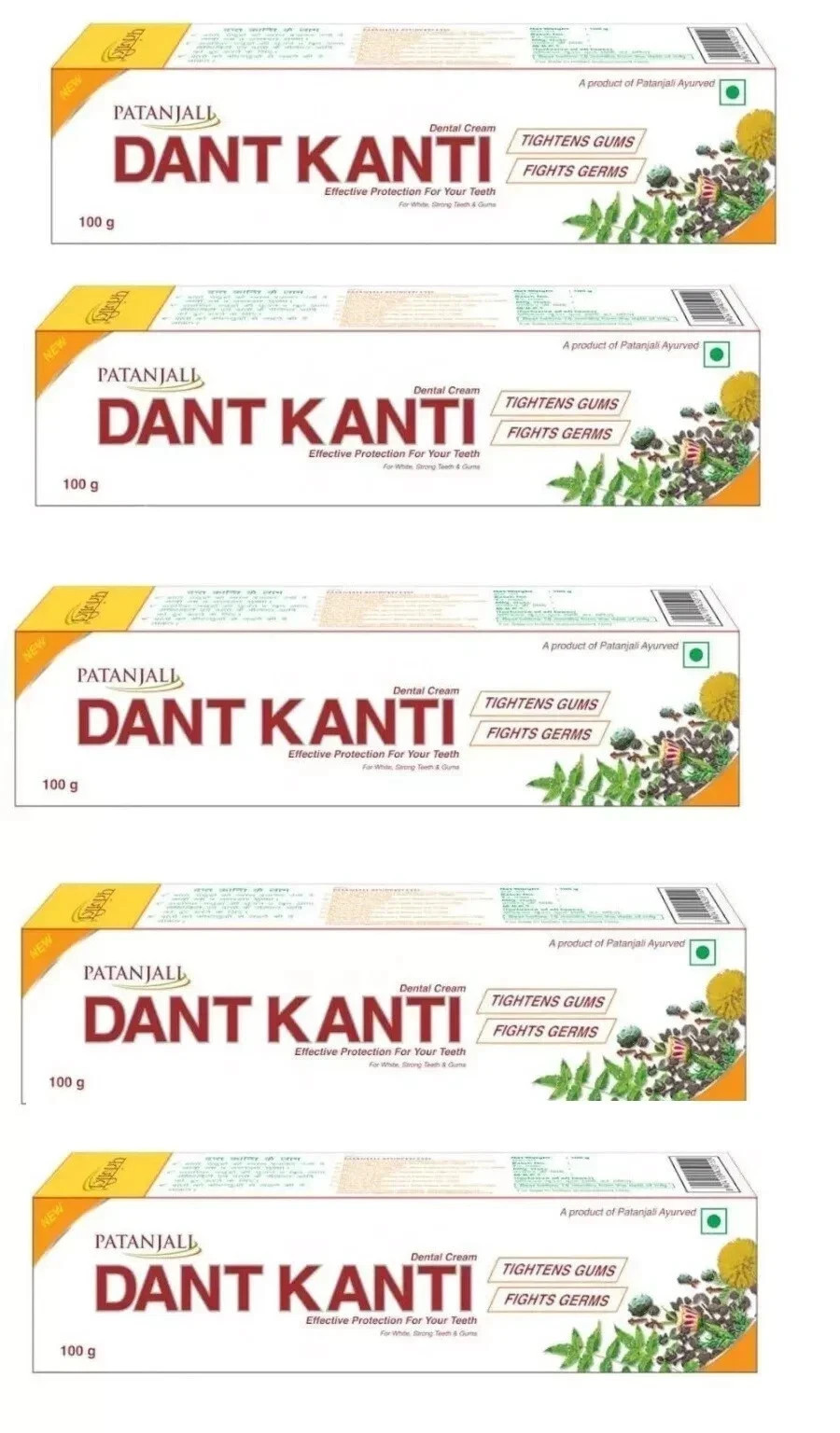 Patanjali Dant Kanti Toothpaste(Pack of 5 - 100g each) HERBAL FREE SHIP.