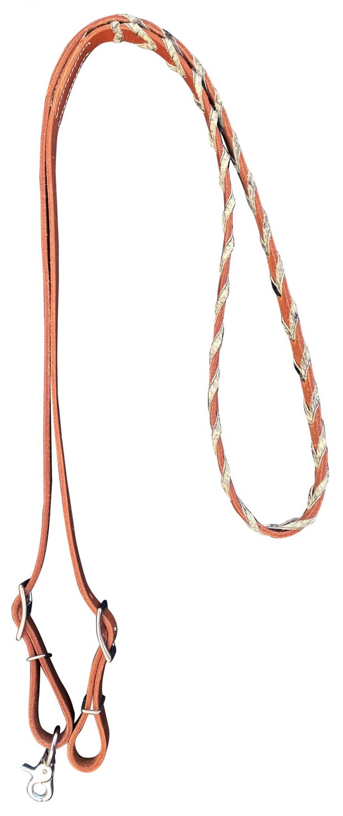 Showman Argentina Cow Leather Contest Reins w/ Hair-on Cowhide Lacing