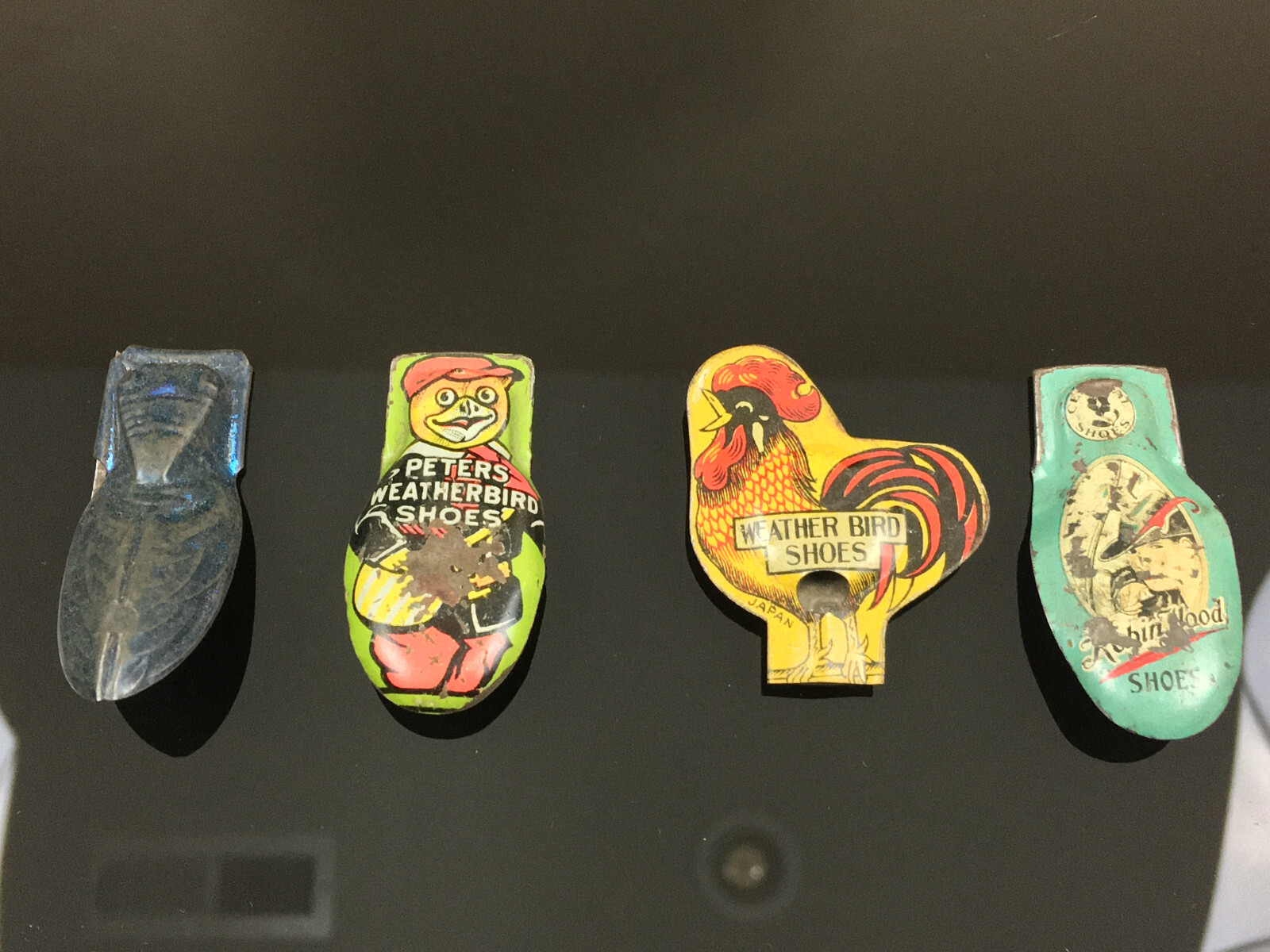 WEATHERBIRD ROBINHOOD SHOES WHISTLE Advertising CLICKERS Toys TIN LITHO LOT