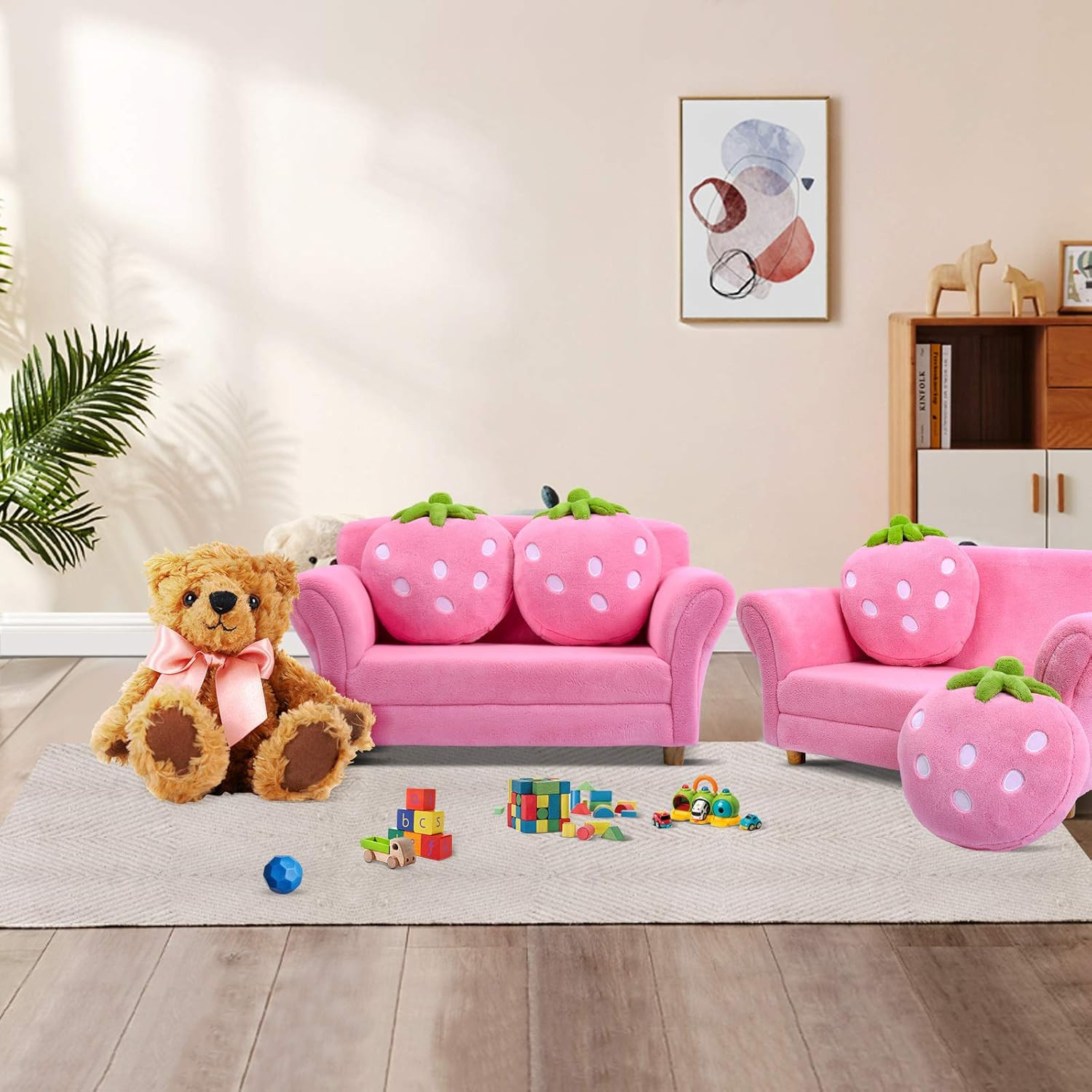 Kids Sofa, Children Upholstered Loveseat Lounge Bed W/ 2 Cute Strawberry Pillows