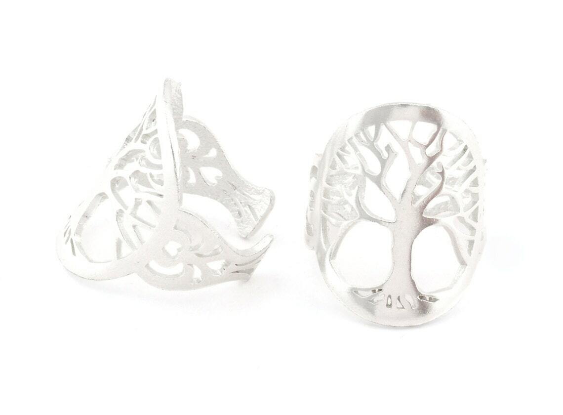 Tree oval statement adjustable ring Shiny Silver Plated brass 5-8US size 4339