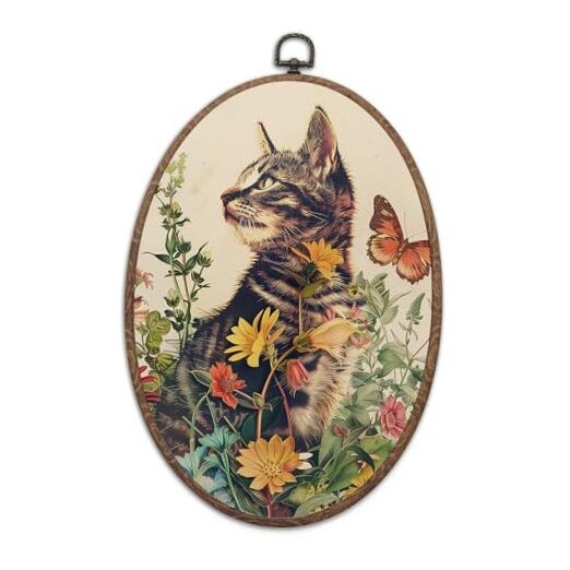 8" x 11" Vintage Cat Round Wall Art - Floral Canvas Framed Hanging Print Cat-1