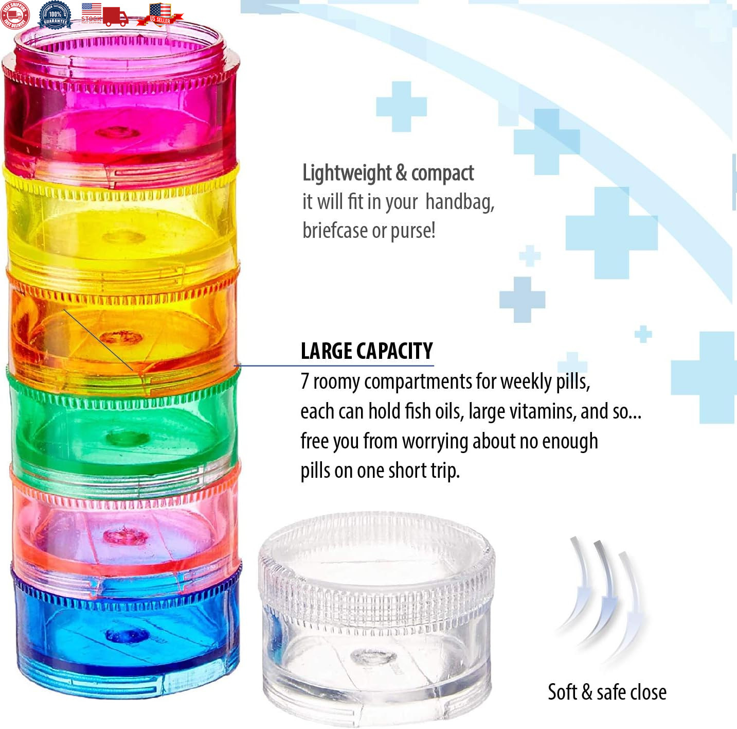 2 Pack Rainbow 7 Day Stackable Pill Organizer Case Tower Box Medicine Planner