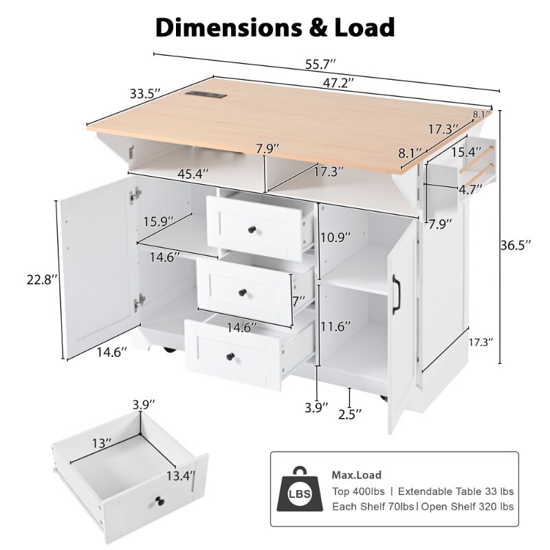 55.7'' Large Kitchen Island with 2 Drop LeafnRolling Kitchen Cart on 5 Wheels