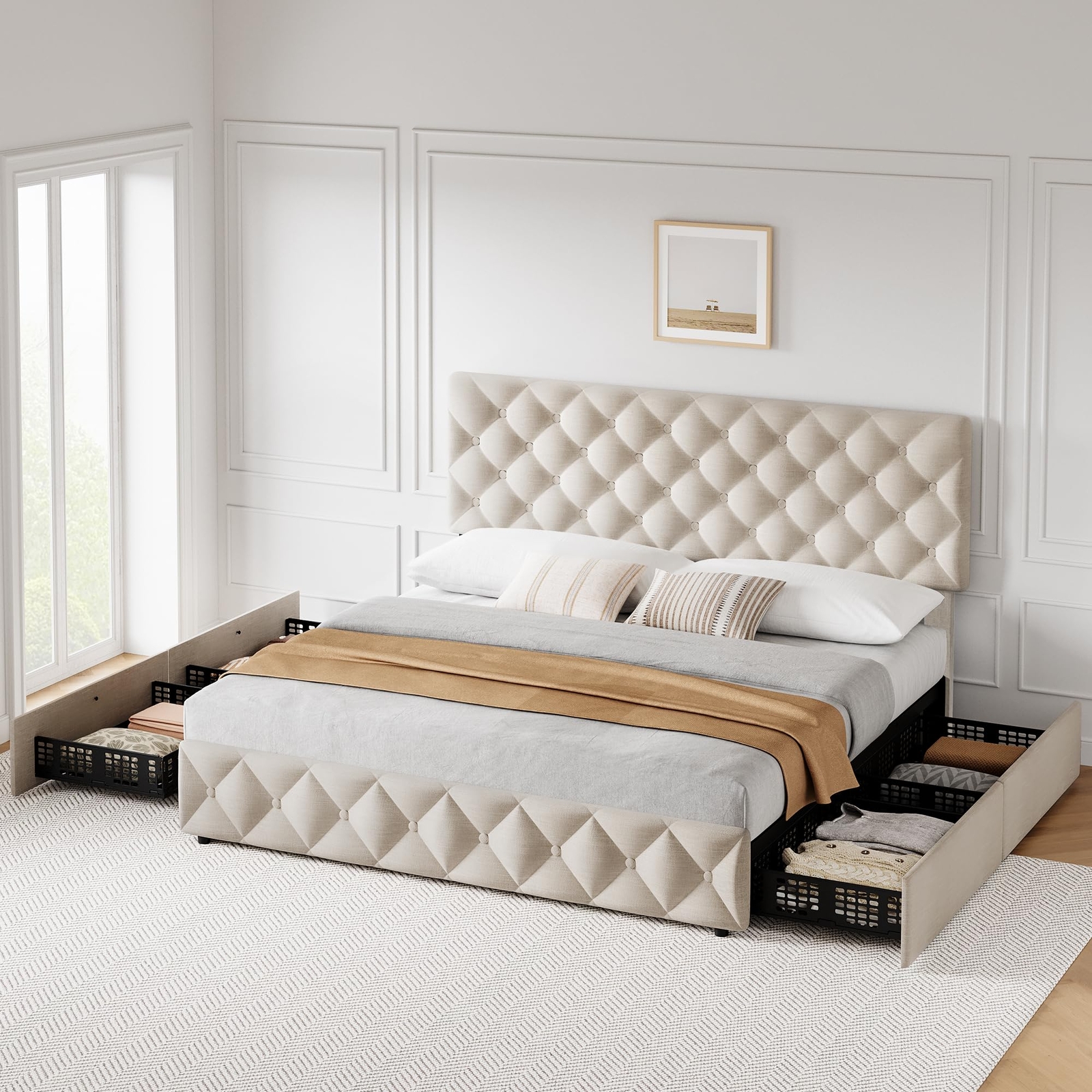Full Size Upholstered Platform Bed Frame with 4 Drawers, Adjustable Headboard